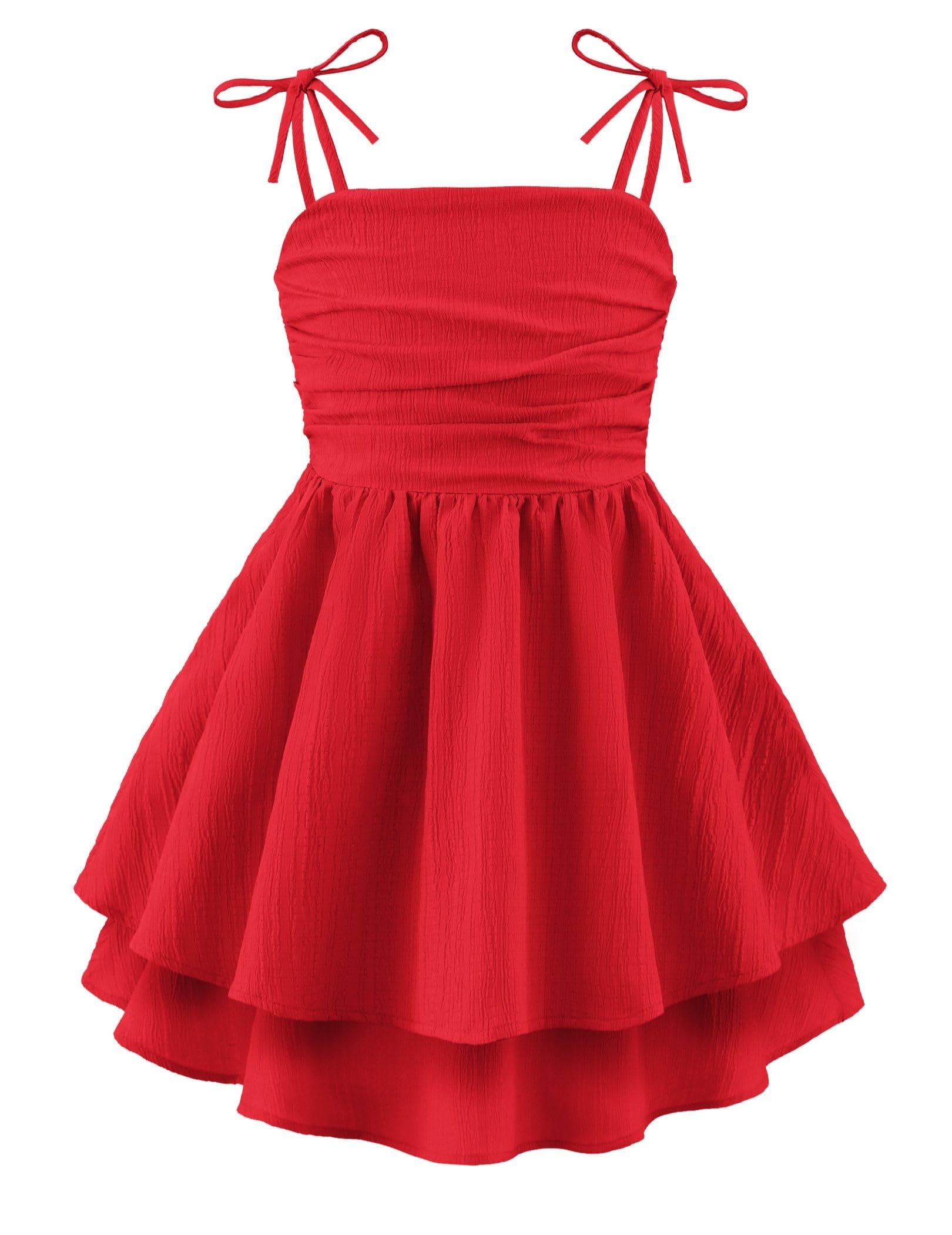 Arshiner Girls Summer Spaghetti Strap Dresses Flowy Tiered Ruched Smocked Back Casual Beach Midi Sundress