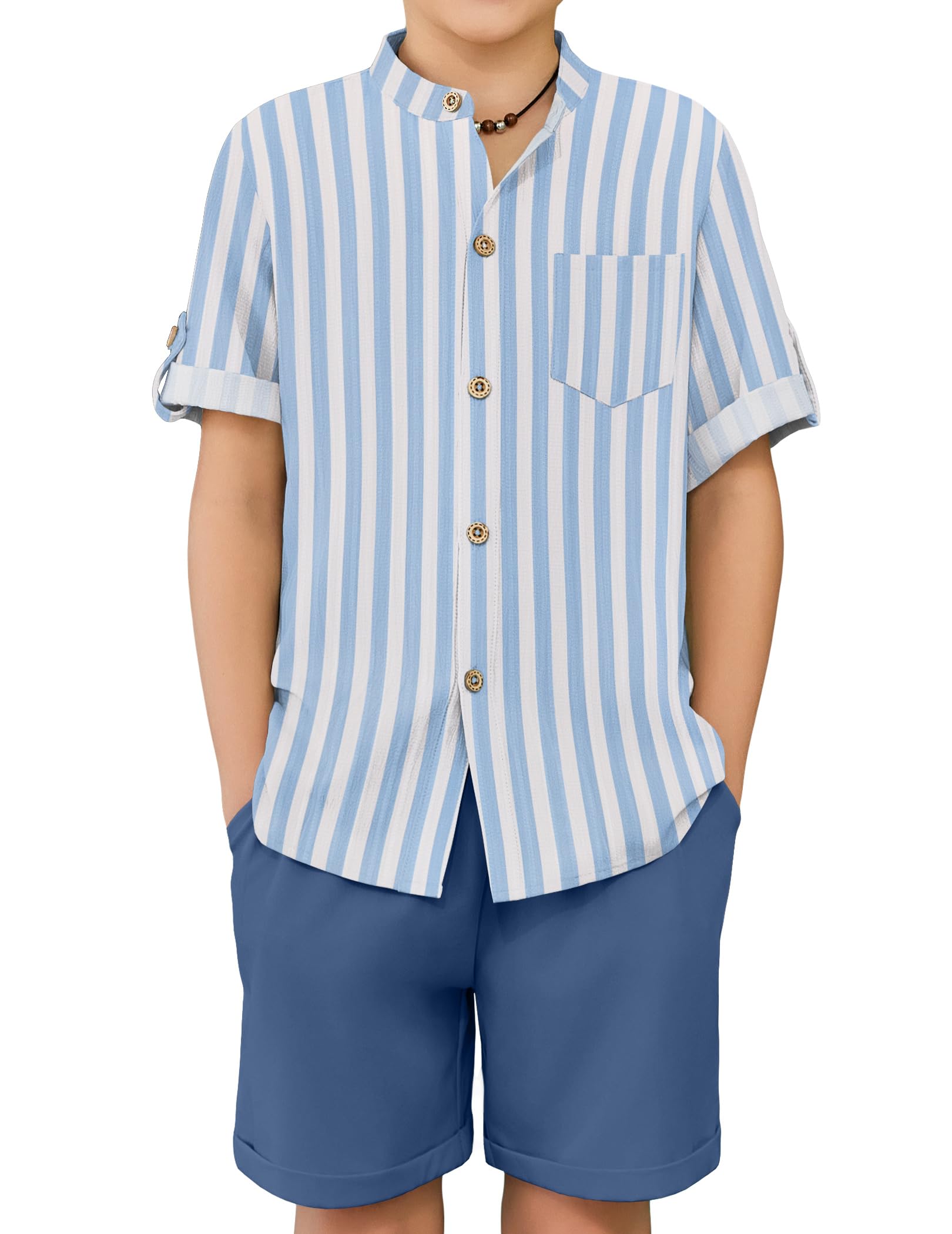 Arshiner Boy's 2 Piece Beach Outfit Short Sleeve Textured Button Down Shirt and Short Sets Summer Vacation Wear 4-12 Years