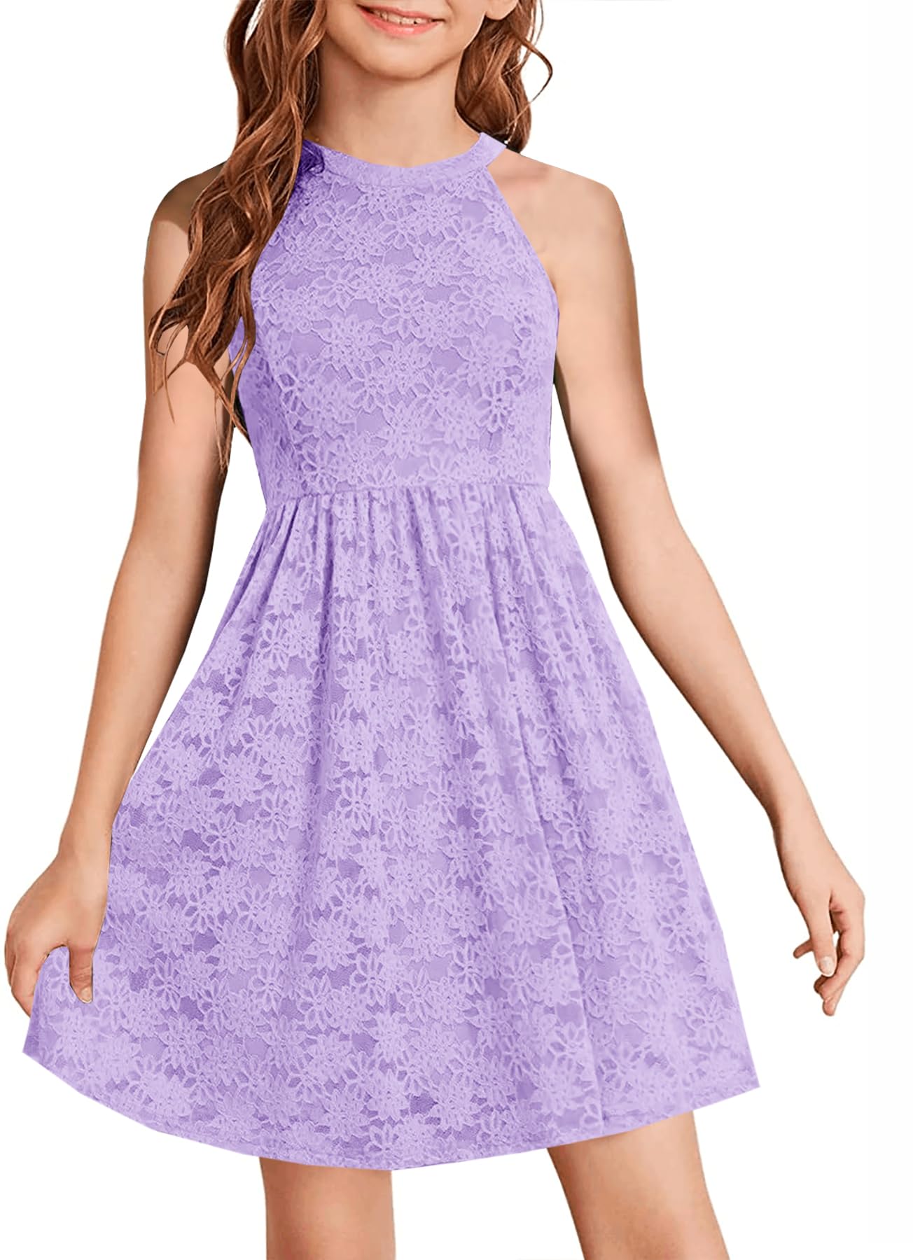 HOSIKA Girls Halter Neck Sleeveless Elegant Floral Lace A-line Flared Swing Party Dress for 6-12 Years Kid