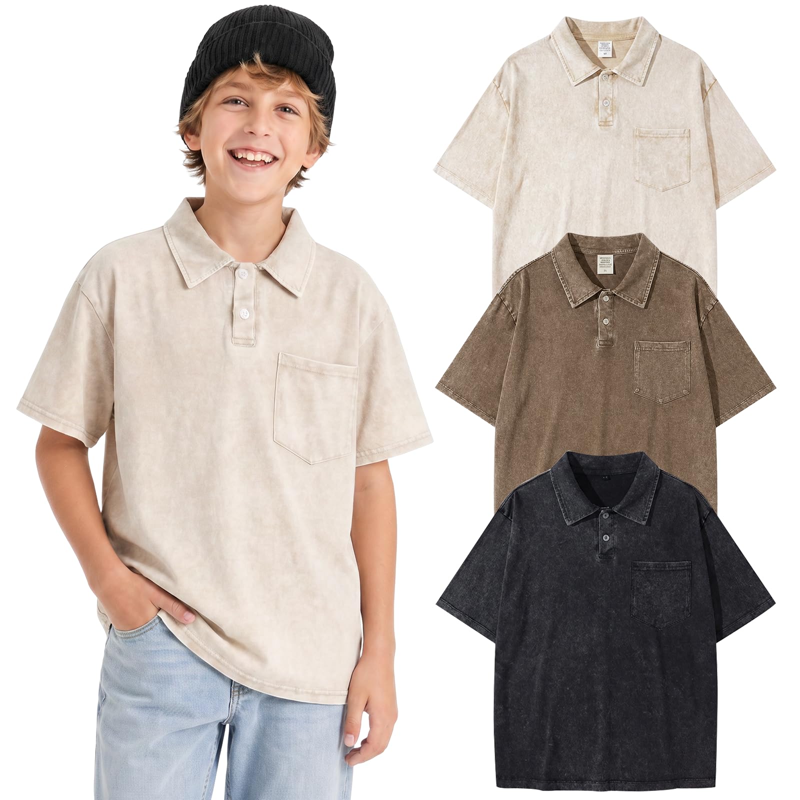 Arssm Boys Polo Shirts Kids Oversized T Shirts Cotton Acid Washed Tshirts Vintage Summer Basic Tees