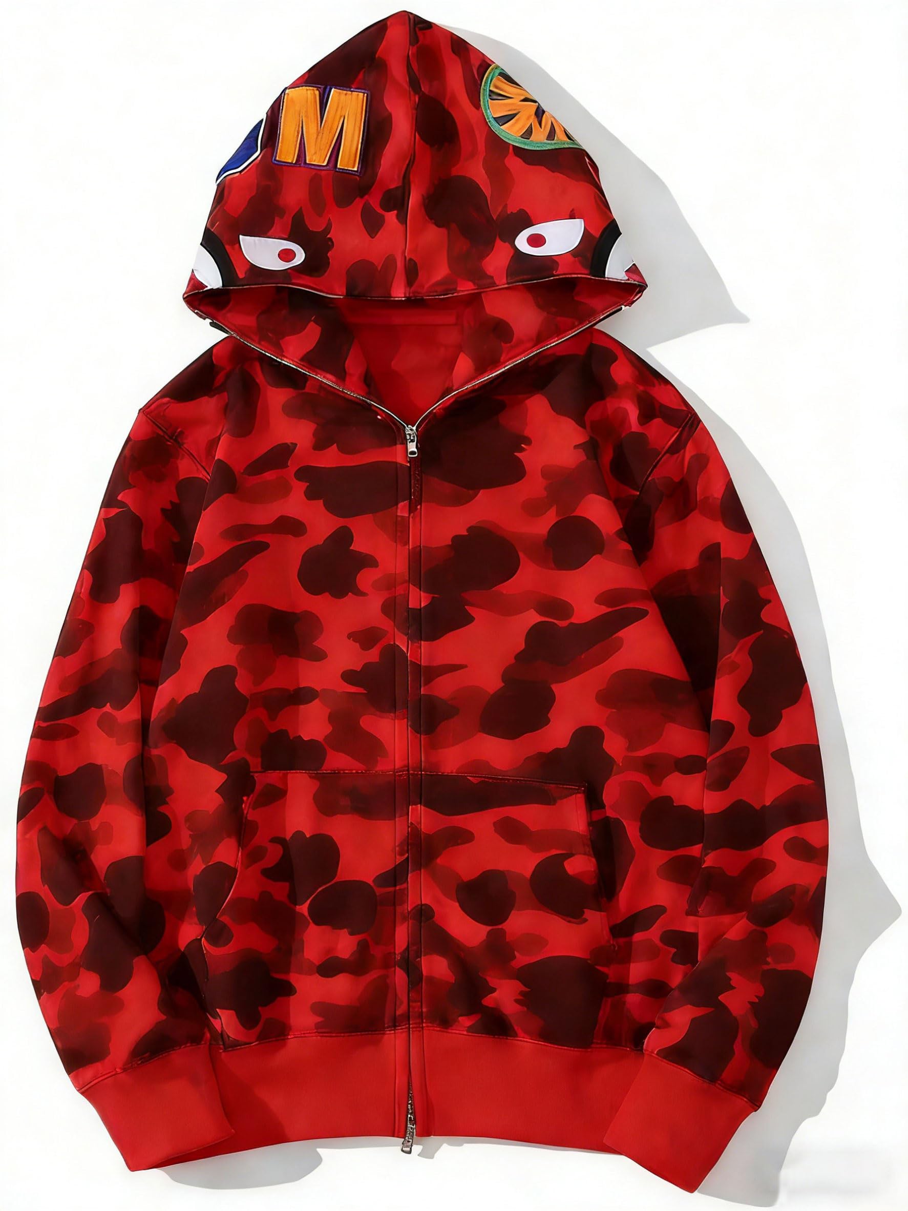 RICK TOP ONE Unisex Camouflage Hoodie with Shark Embroidery, Full Zip, Lightweight Couple sweatshirts heavyweight hoodie