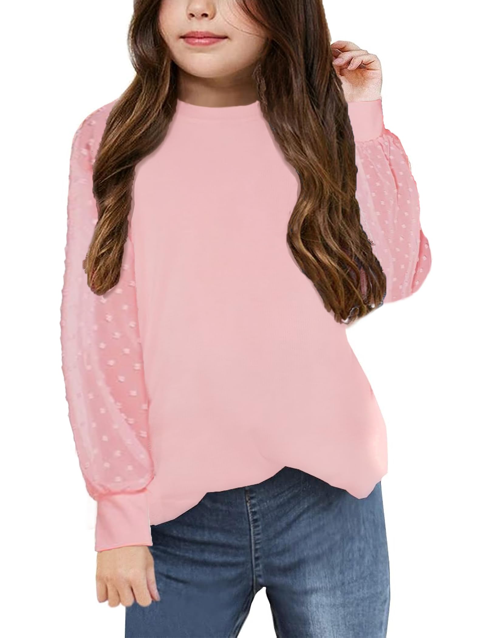 Yekaty Girls Shirts Casual Solid Color Crewneck Blouses Soft Long Sleeve Swiss Dots Chiffon Tops