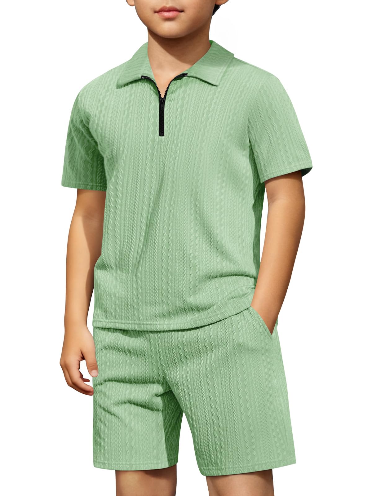 Haloumoning Boys 2 Piece Summer Outfits Kids Quarter Zip Polo Shirt and Shorts Set Athletic Tracksuit 5-14 Years