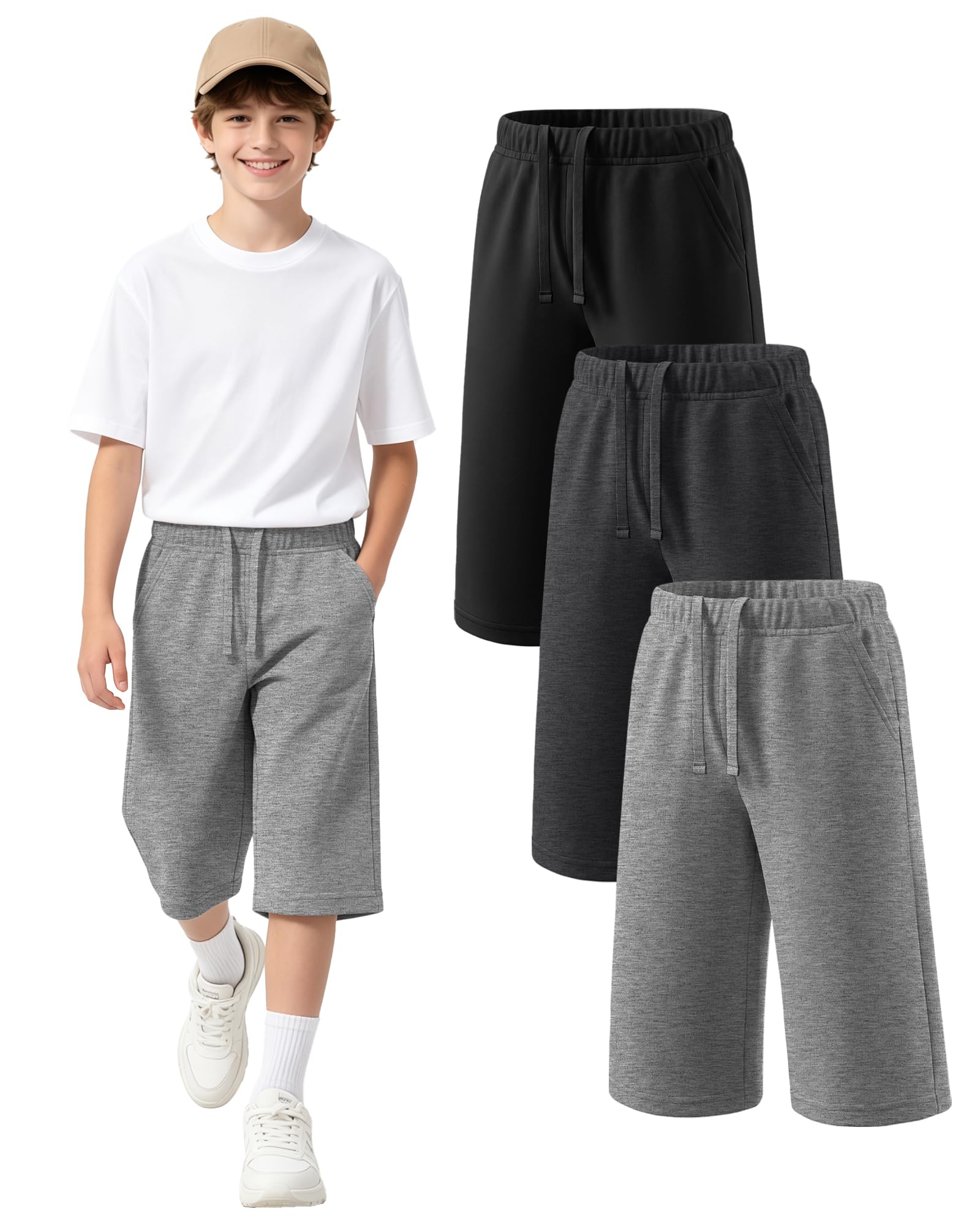 Langyiwee 3 Pack Boy's Long Shorts Wide Leg Athletic Lightweight Capri Pants with Pockets for 6-16 Years