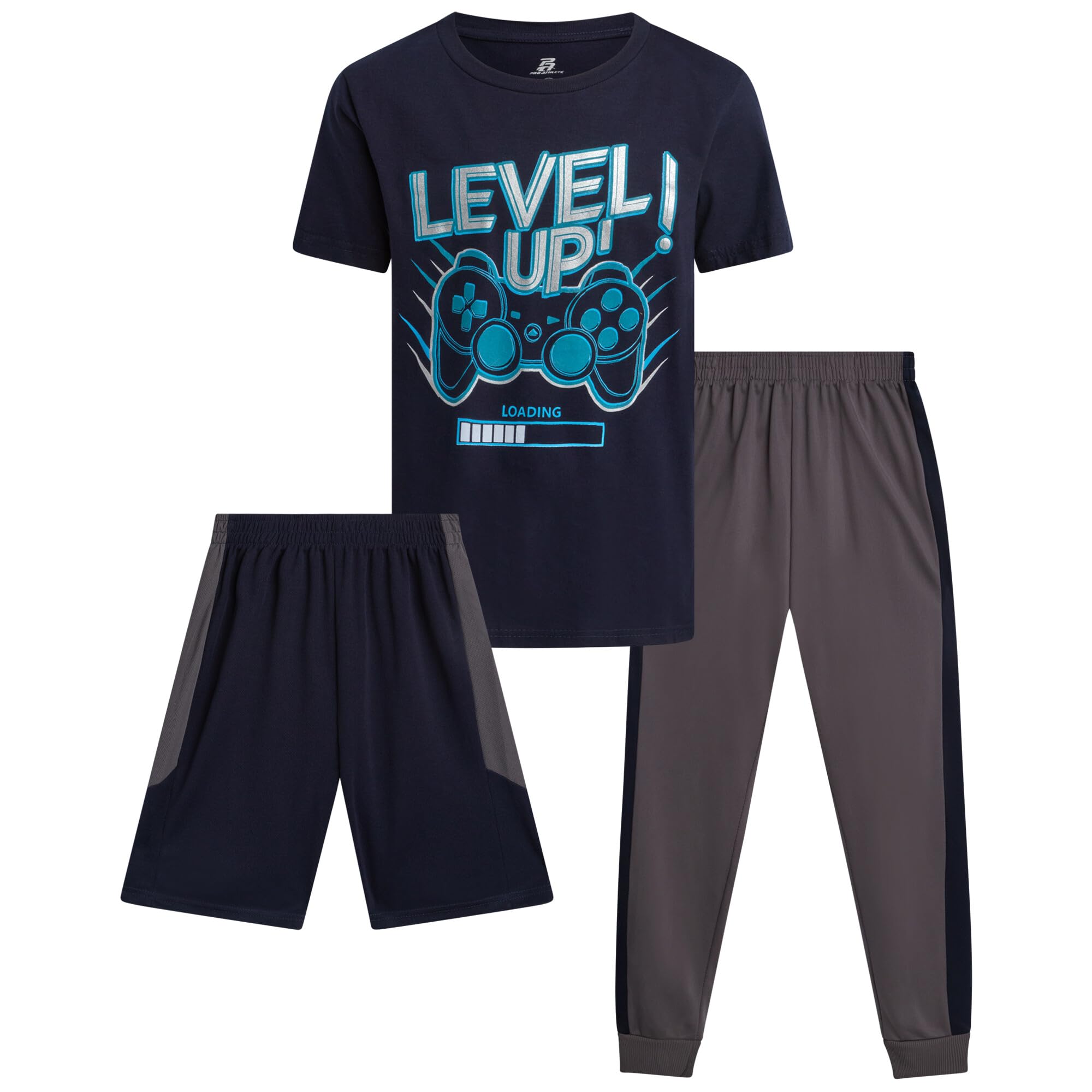 Pro Athlete Boys Pants Set - 3 Piece Active Short Sleeve Graphic Tees Athletic Shorts and Jogger Sweatpants for Boys