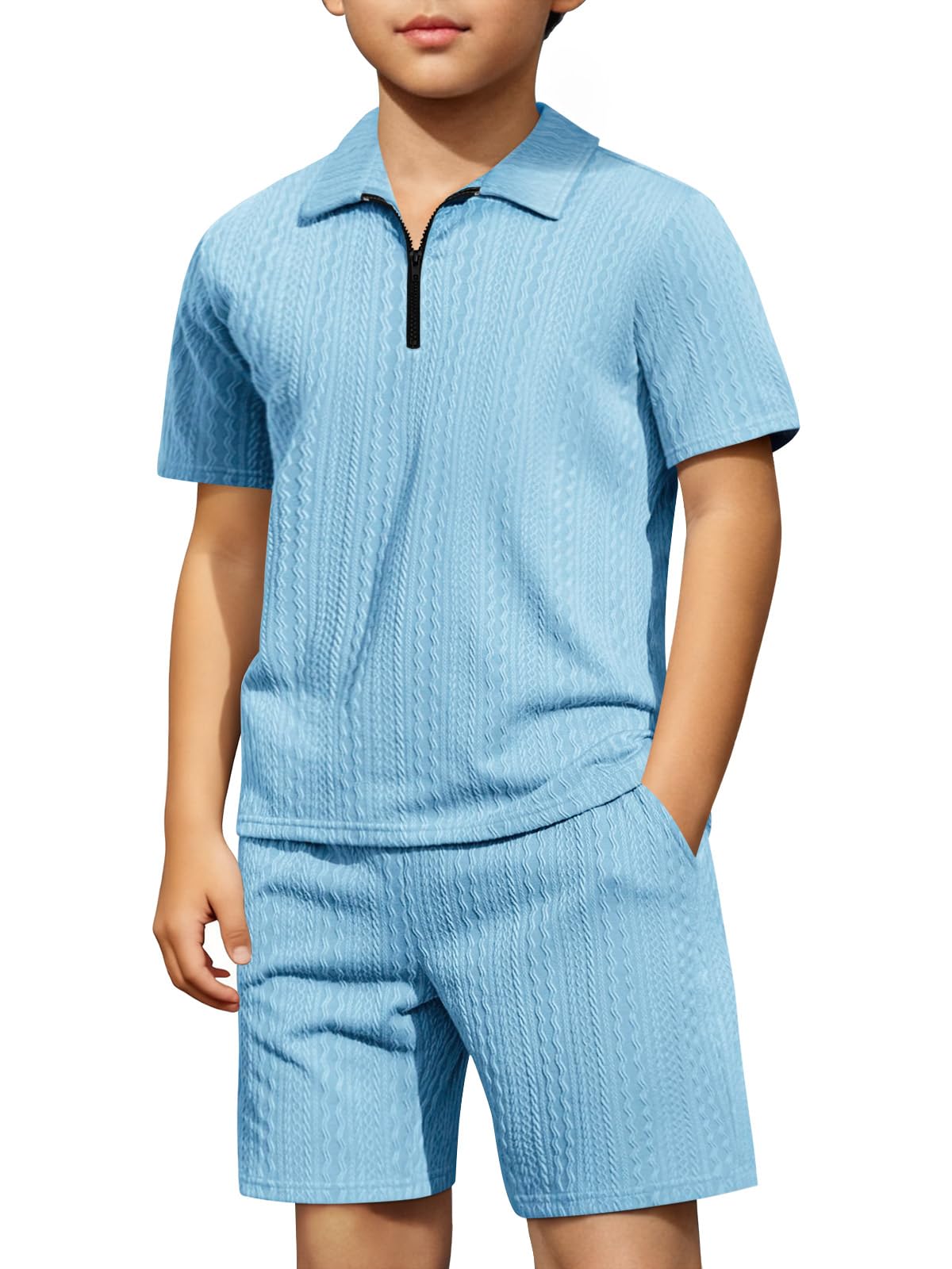 Haloumoning Boys 2 Piece Summer Outfits Kids Quarter Zip Polo Shirt and Shorts Set Athletic Tracksuit 5-14 Years