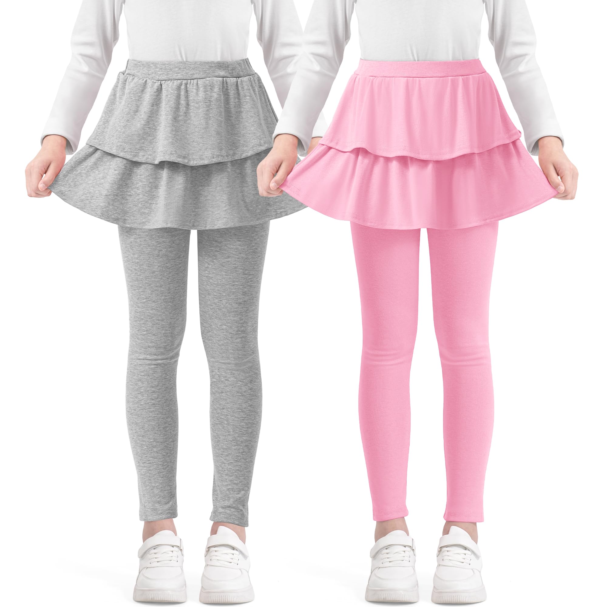 Somaibo Girls Leggings with Skirts School Uniform Athletic Stretchy Tutu Pants Kids Warm Ruffle Clothes 2-Pack