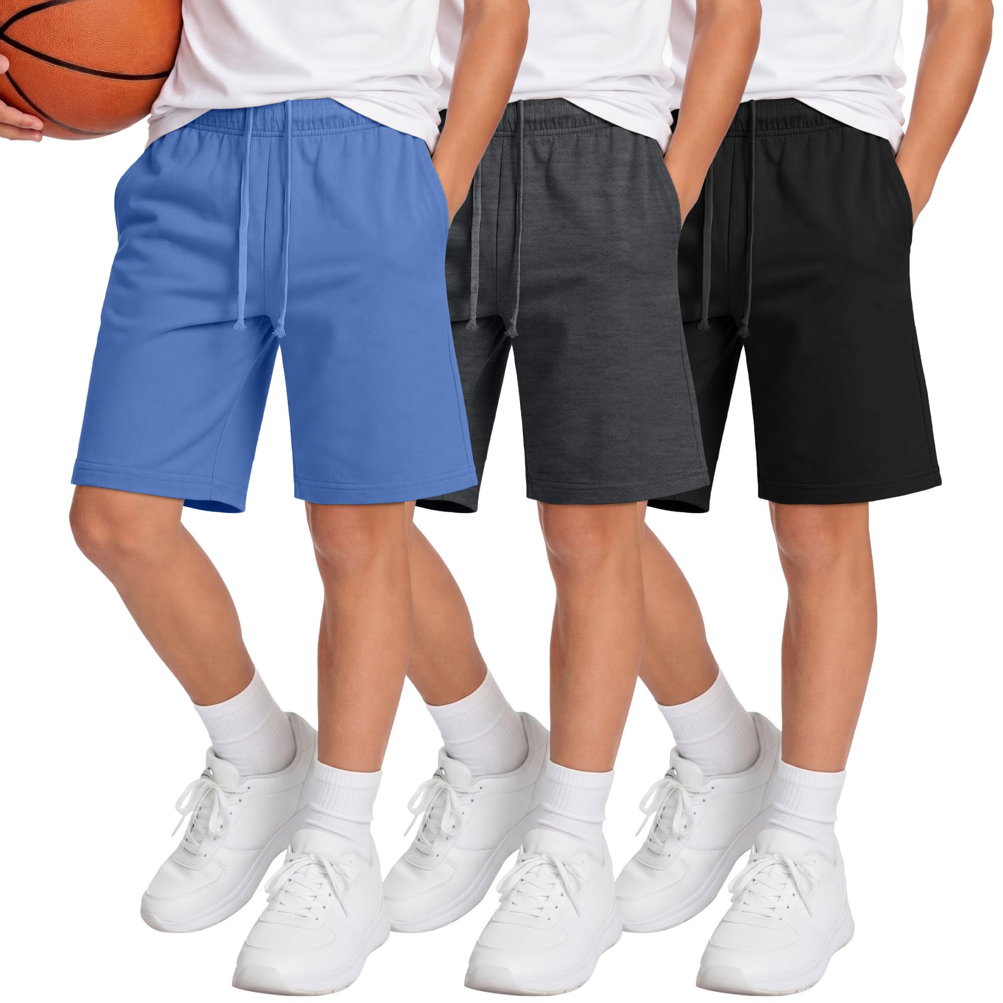 Langyiwee 3 Pack Boys Shorts Kids Baggy Athletic Sweat Shorts with Pockets Elastic Waist Summer Casual Joggers, 6-16 Years