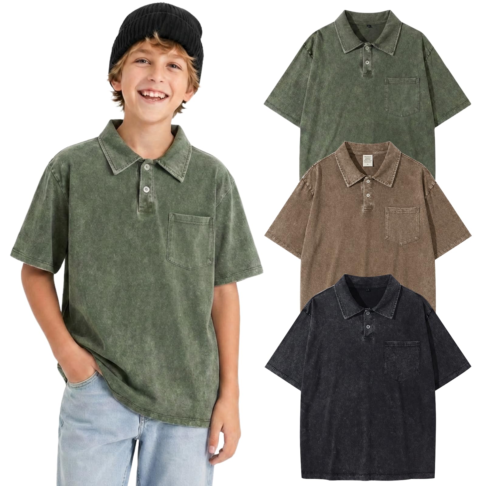 Arssm Boys Polo Shirts Kids Oversized T Shirts Cotton Acid Washed Tshirts Vintage Summer Basic Tees