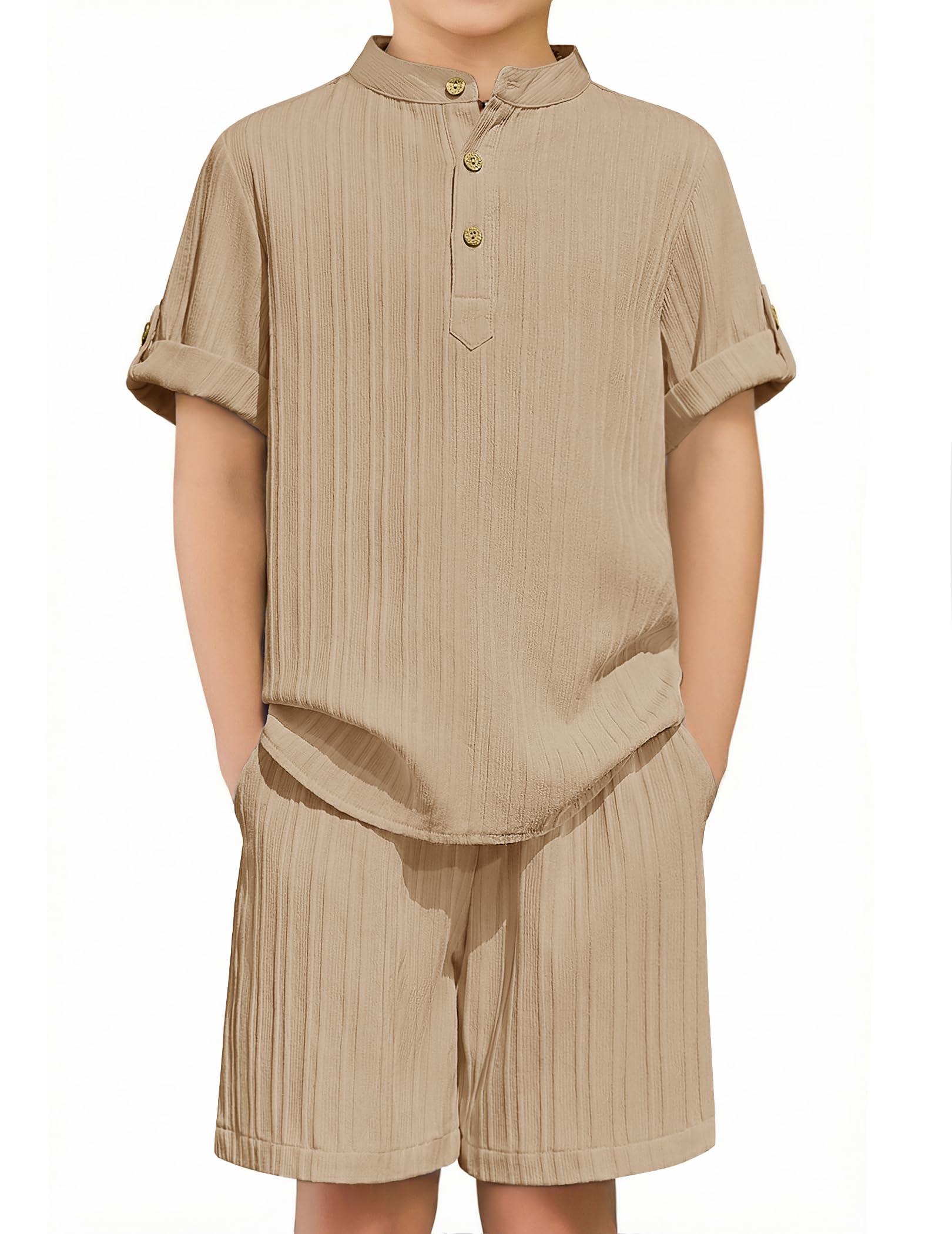 Arshiner Boys 2 Piece Summer Beach Outfits Textured Henley Shirts and Shorts Set Casual Vacation Clothes for 4-12 Years Kids