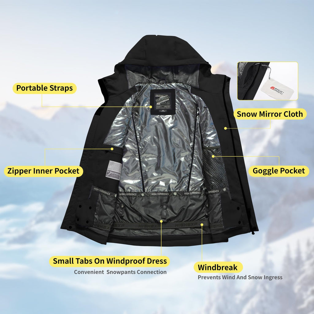HIGH EXPERIENCE Ski Jacket Snowboard Coat Snow Winter Waterproof Insulated Windproof Baggy Warm Hooded Jacket for Men Women