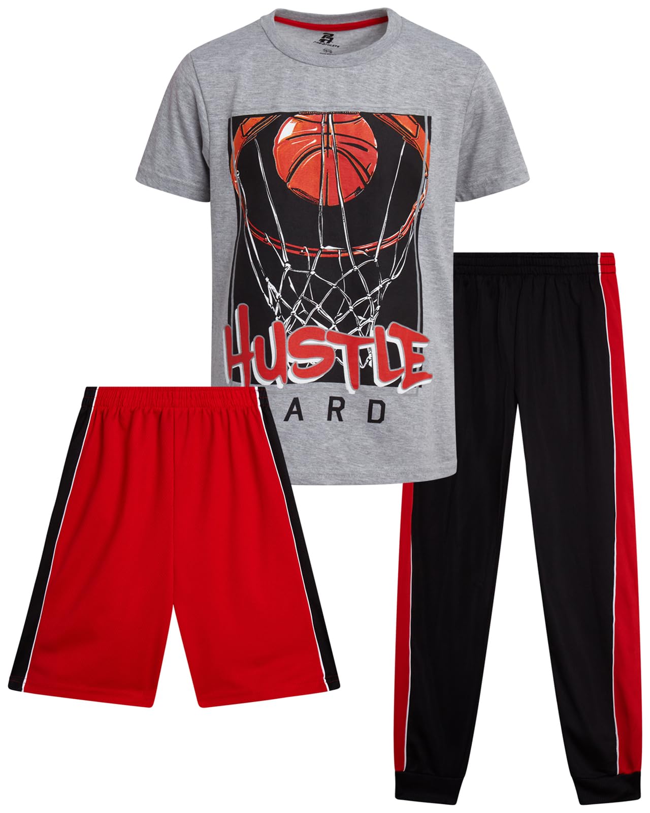 Pro Athlete Boys Pants Set - 3 Piece Active Short Sleeve Graphic Tees Athletic Shorts and Jogger Sweatpants for Boys