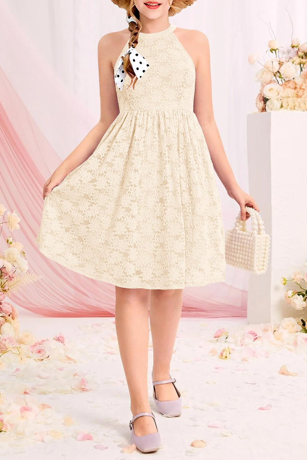 HOSIKA Girls Halter Neck Sleeveless Elegant Floral Lace A-line Flared Swing Party Dress for 6-12 Years Kid