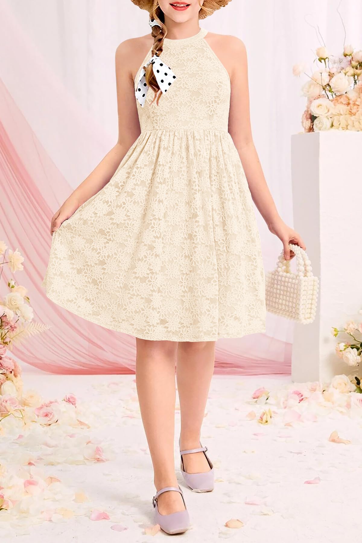 HOSIKA Girls Halter Neck Sleeveless Elegant Floral Lace A-line Flared Swing Party Dress for 6-12 Years Kid
