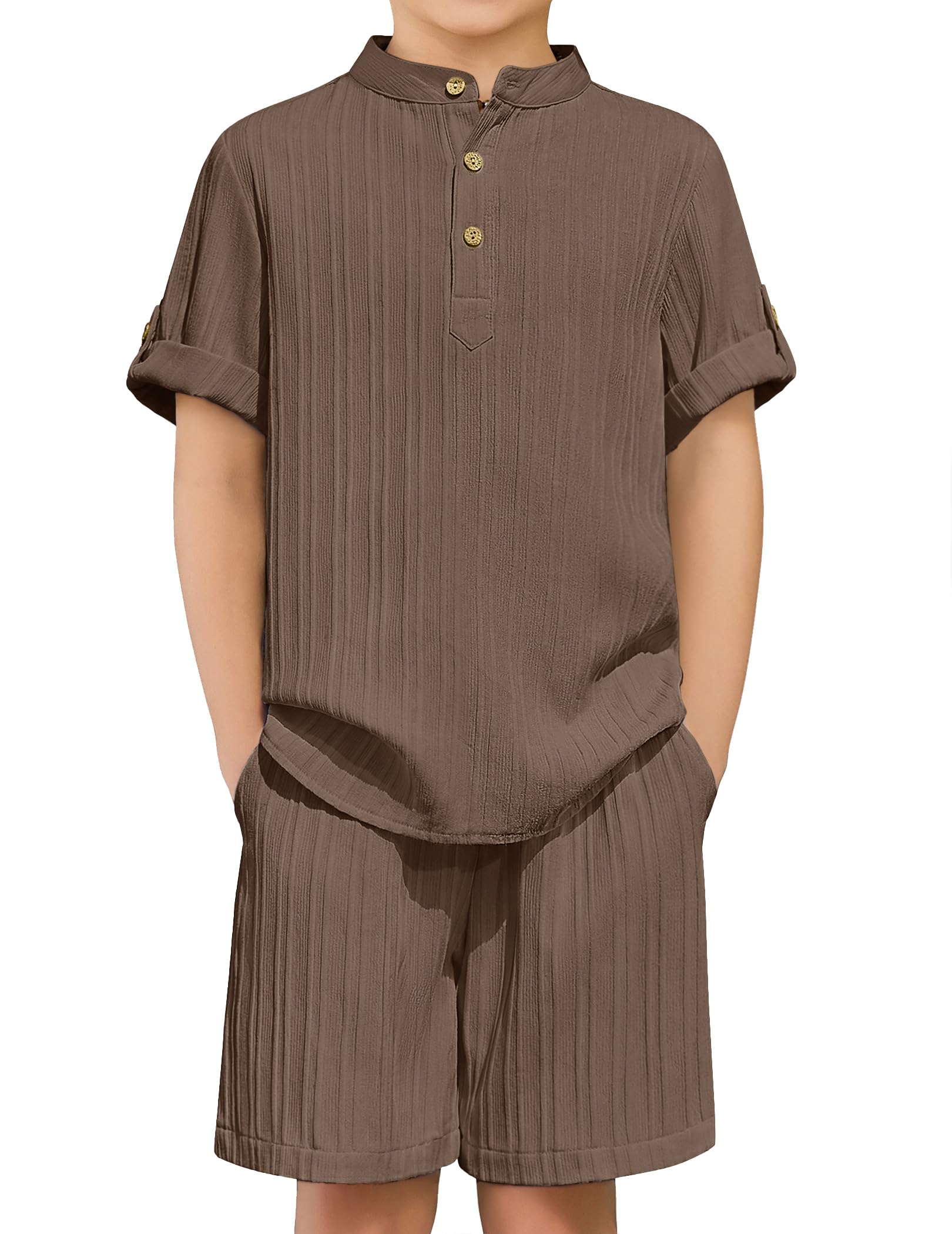 Arshiner Boys 2 Piece Summer Beach Outfits Textured Henley Shirts and Shorts Set Casual Vacation Clothes for 4-12 Years Kids