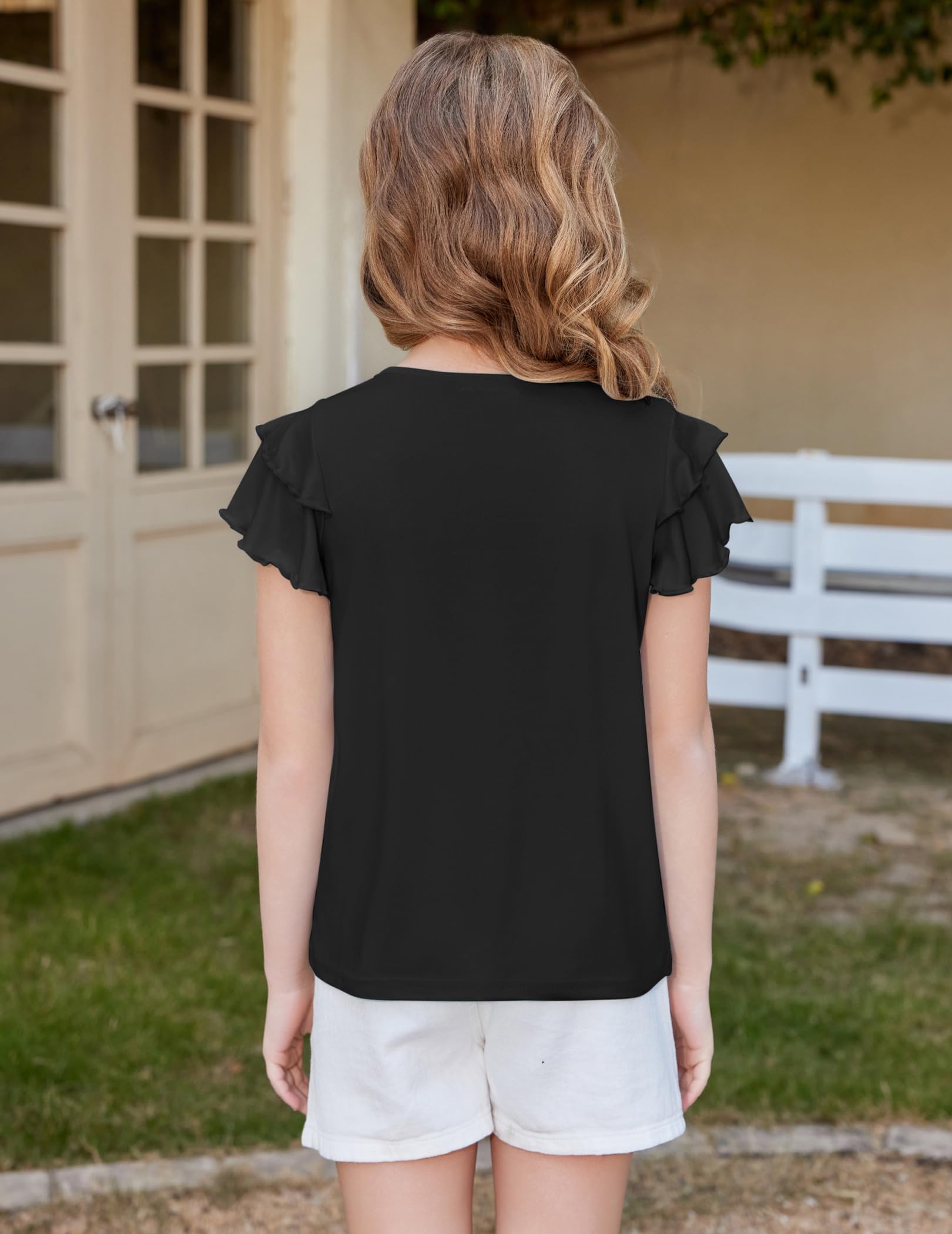 Arshiner Girls T Shirts Ruffle Short Sleeve Summer Pleated Crewneck Casual Tops Tees Blouses