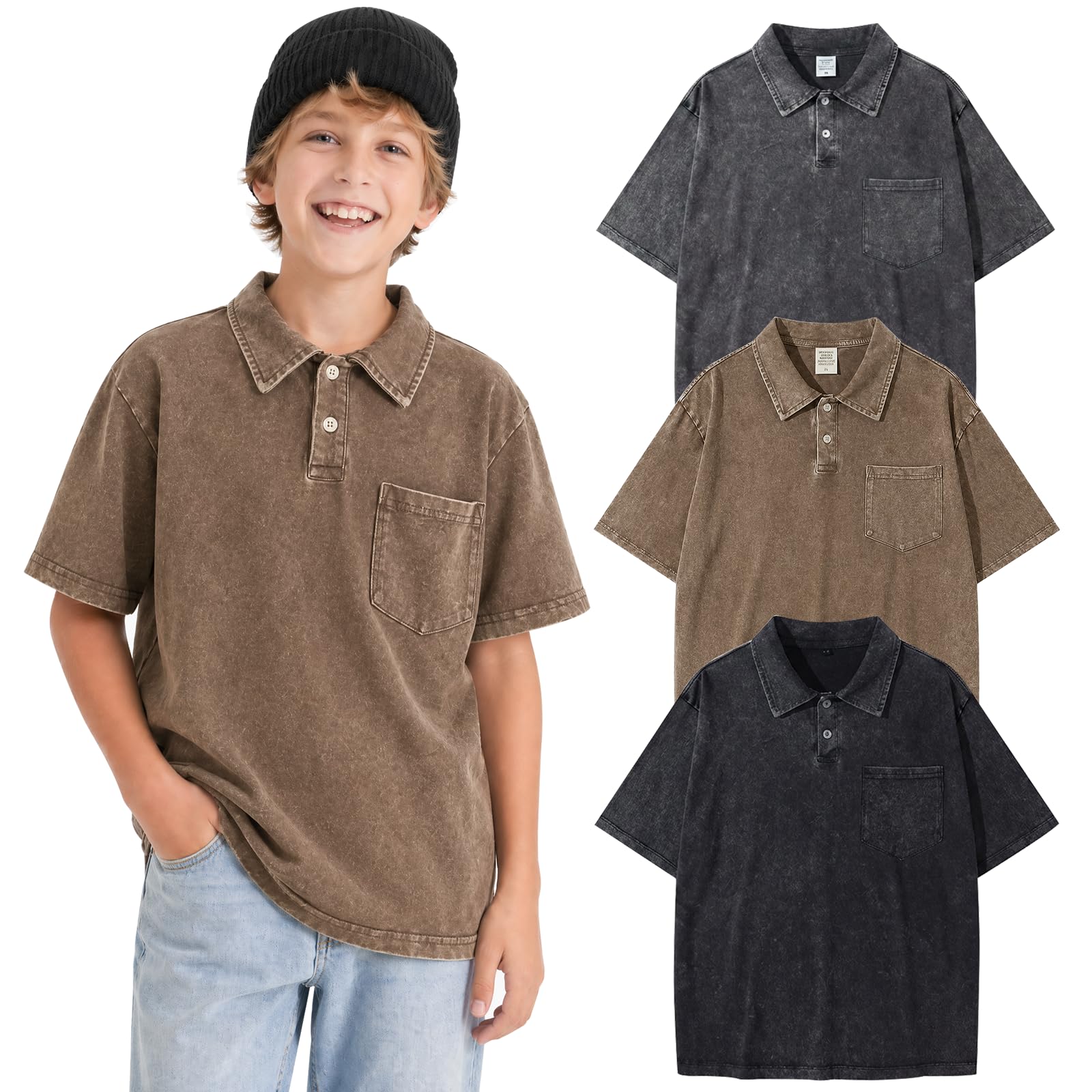 Arssm Boys Polo Shirts Kids Oversized T Shirts Cotton Acid Washed Tshirts Vintage Summer Basic Tees