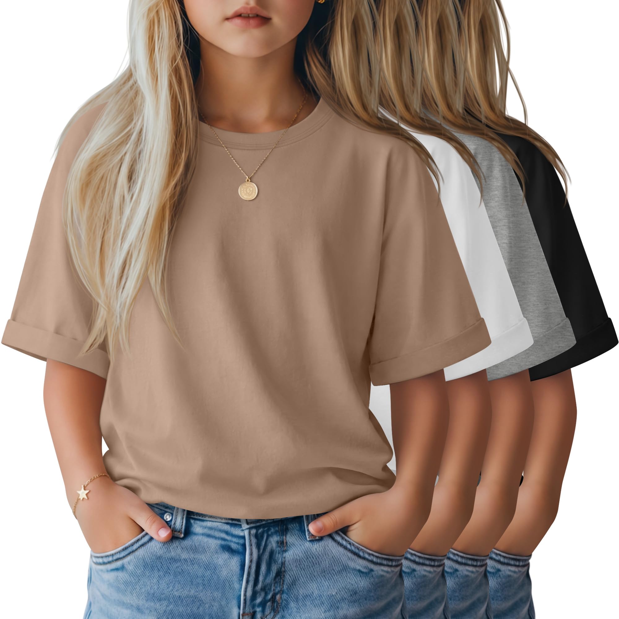 LessonZoo 4 Pack Girls' Oversized T-Shirts Rolled Short Sleeve Shirts Loose Fit Crew Neck Tops Casual Basic 5-14 Years Tees