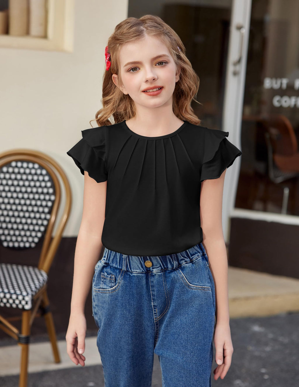 Arshiner Girls T Shirts Ruffle Short Sleeve Summer Pleated Crewneck Casual Tops Tees Blouses