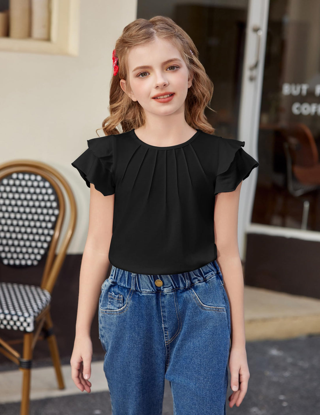 Girls Ruffle Short Sleeve Pleated Crewneck Blouse