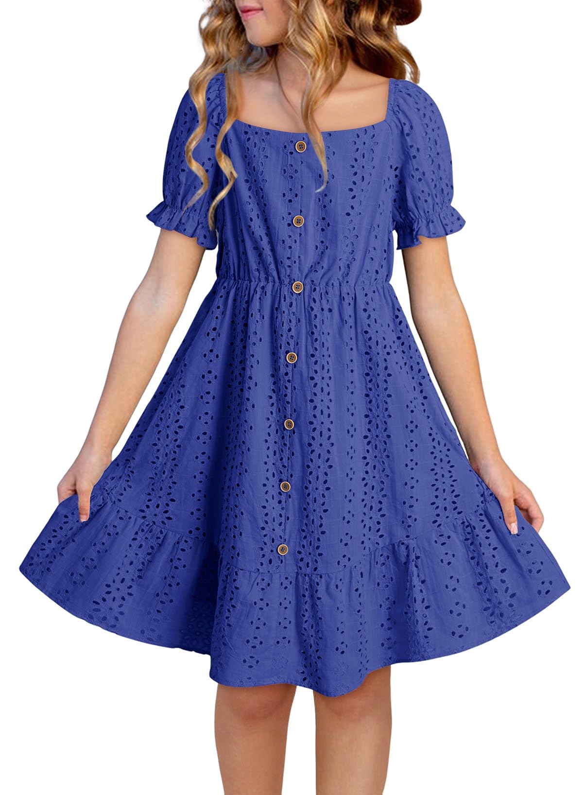 DOKOTOO KIDS Girls Dresses Summer Short Sleeve Casual A-line Button Down Eyelet Midi Dress 6-15 Years