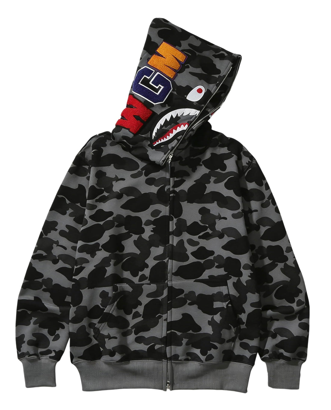 Unisex Camouflage Full-Zip Shark Embroidered Hoodie