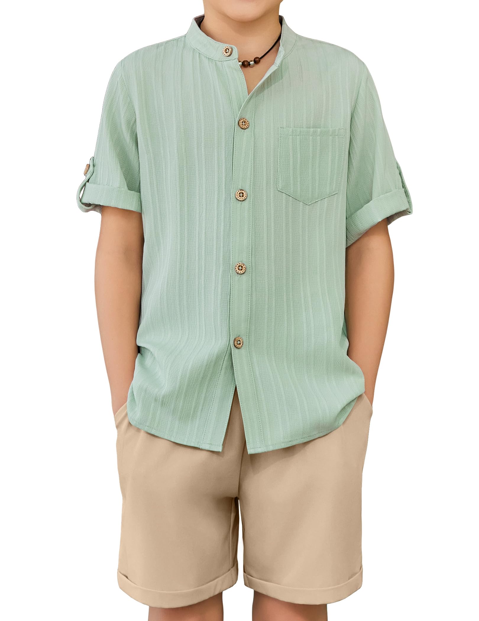 Arshiner Boy's 2 Piece Beach Outfit Short Sleeve Textured Button Down Shirt and Short Sets Summer Vacation Wear 4-12 Years