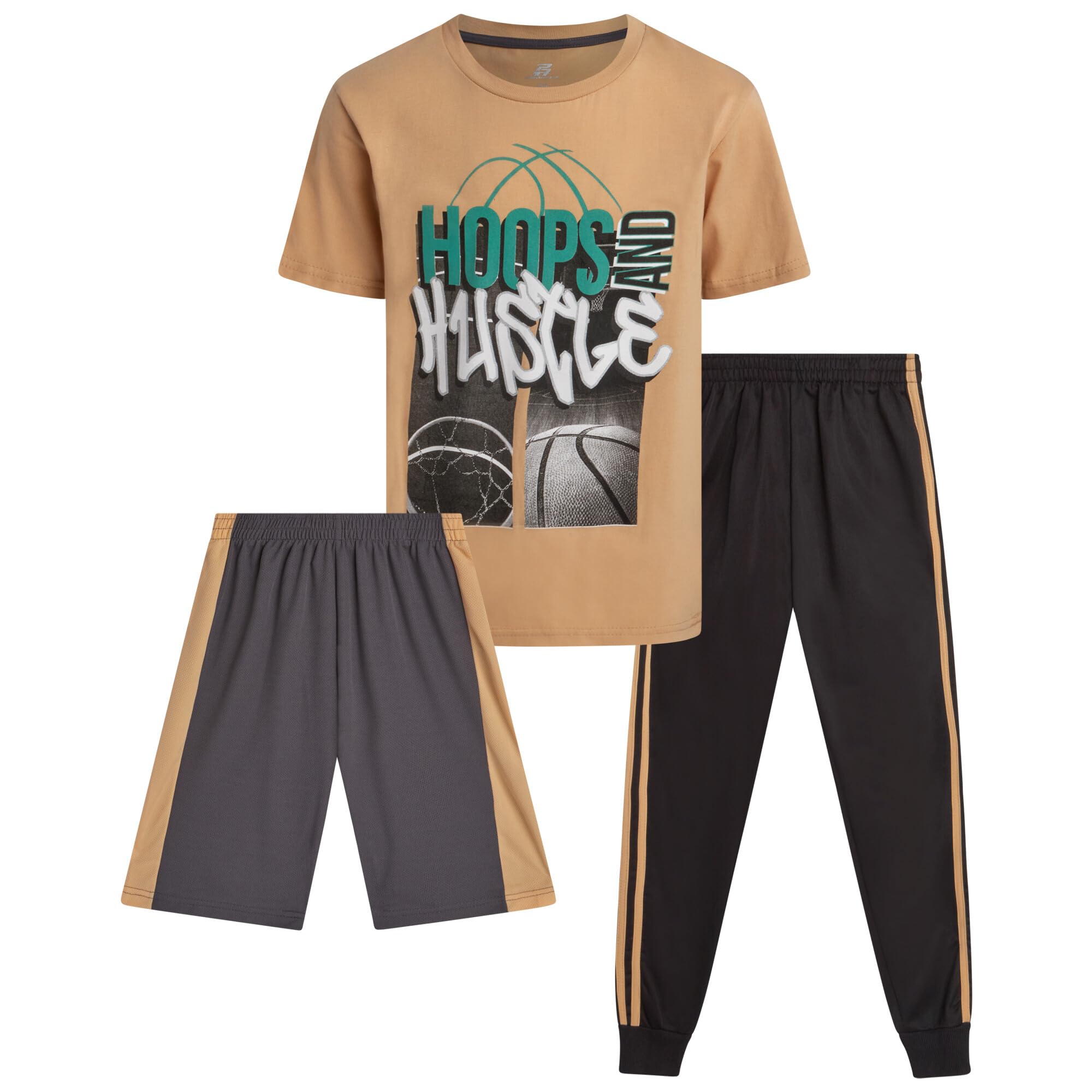 Pro Athlete Boys Pants Set - 3 Piece Active Short Sleeve Graphic Tees Athletic Shorts and Jogger Sweatpants for Boys