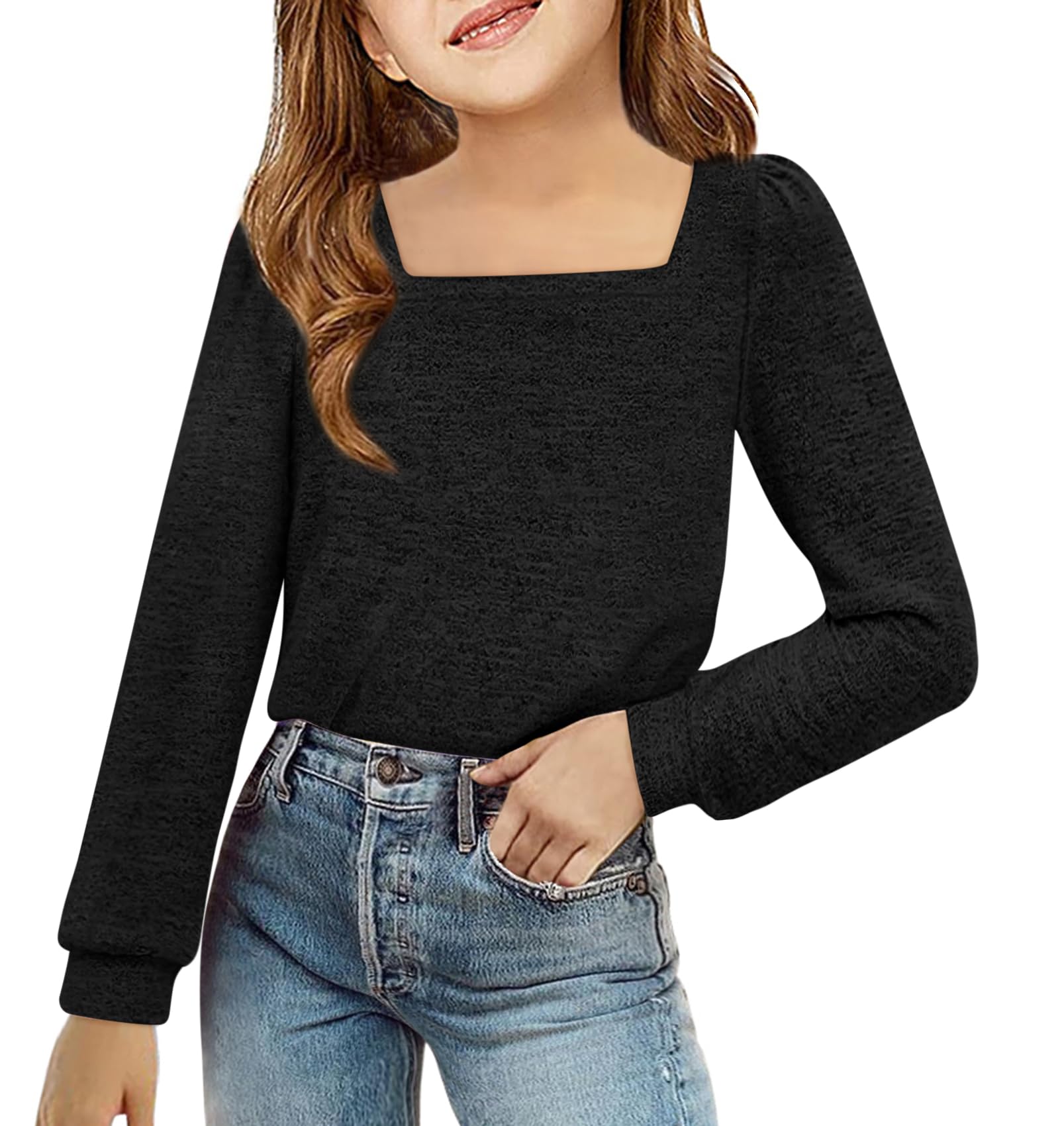 BZB Girls Long Sleeve Shirts Casual Square Neck Tunic Tops Fall Winter Clothes 5-14 Years