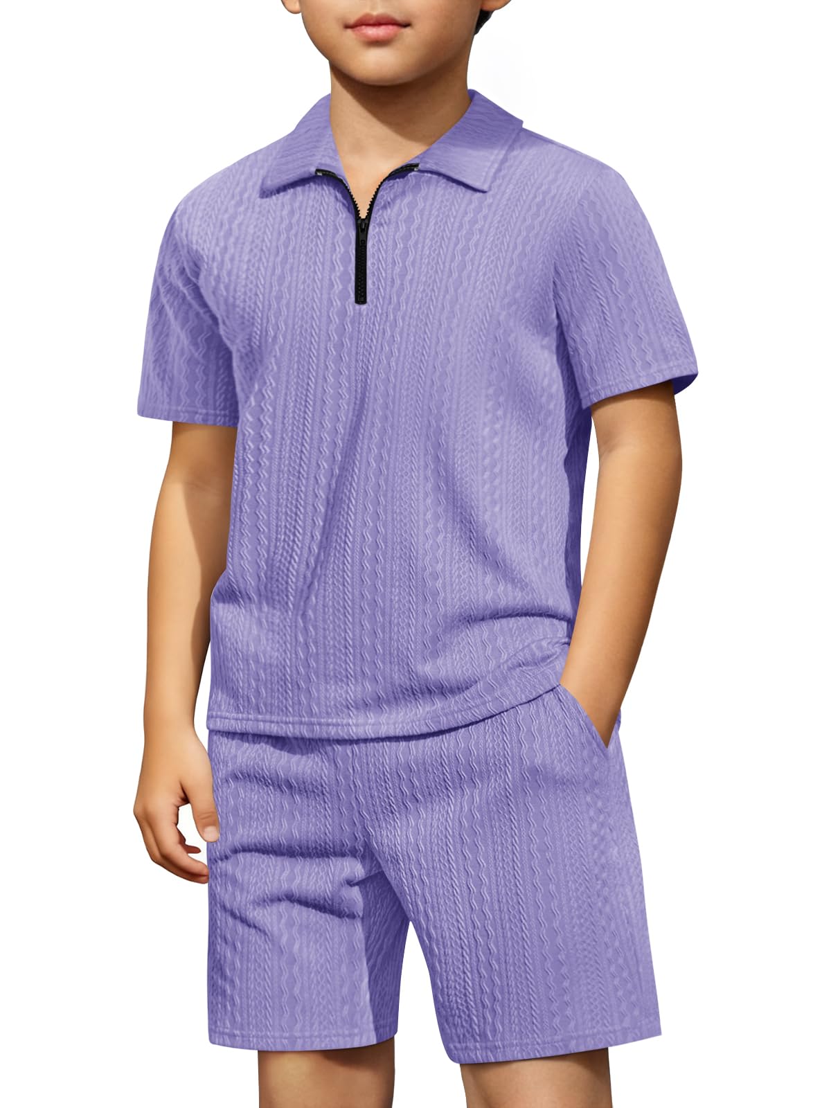 Haloumoning Boys 2 Piece Summer Outfits Kids Quarter Zip Polo Shirt and Shorts Set Athletic Tracksuit 5-14 Years