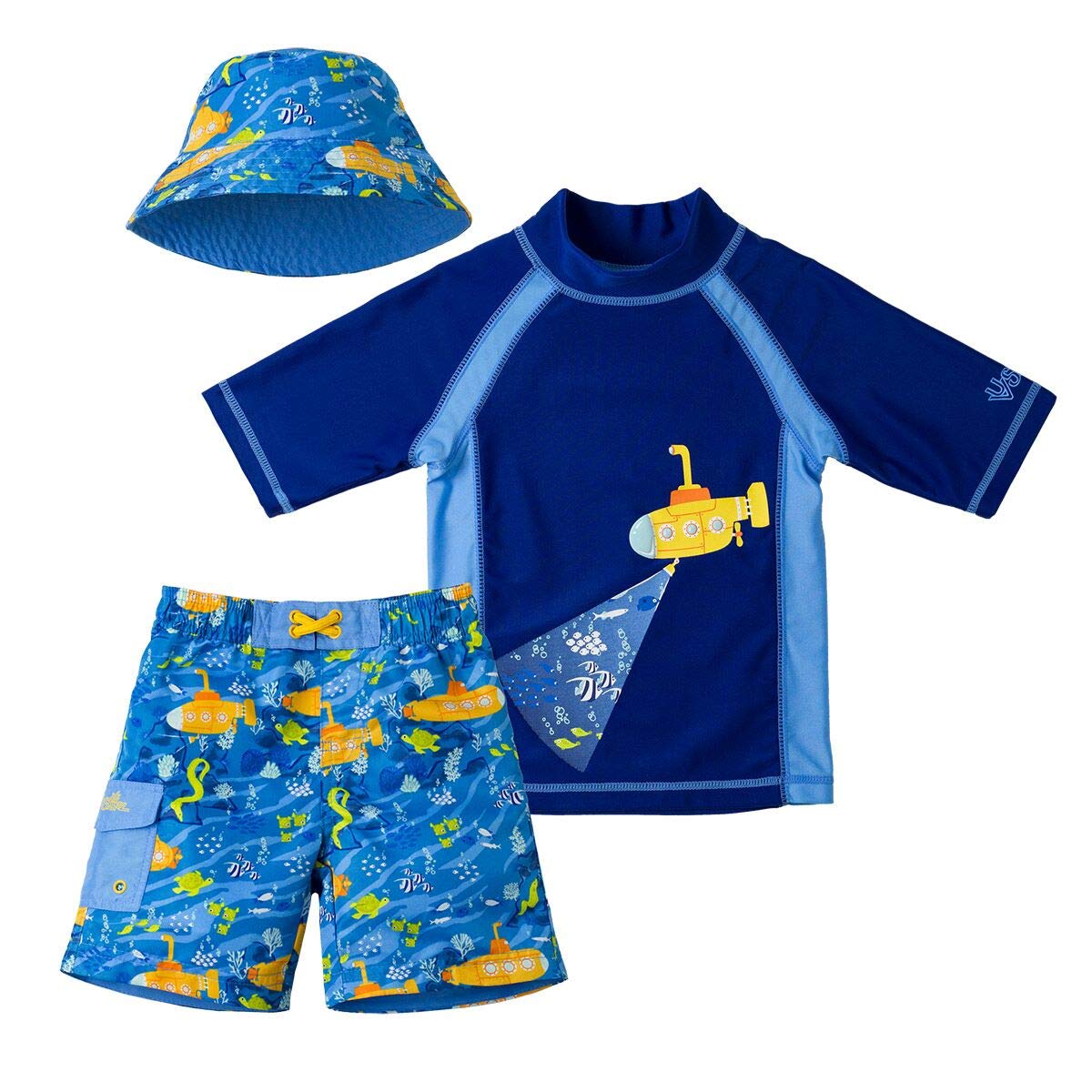 UV SKINZ Boys 3-Piece Swim Set with UPF 50+ Long Sleeve Rash Guard, Swim Shorts & Hat