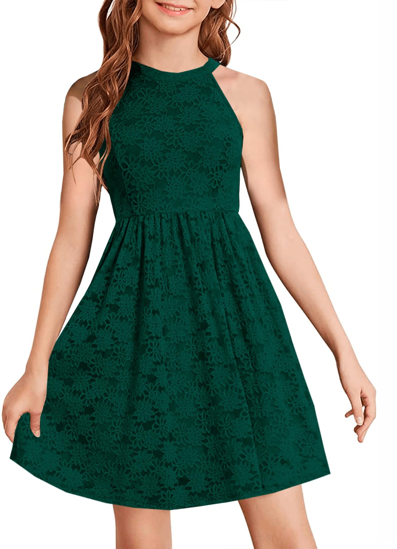 HOSIKA Girls Halter Neck Sleeveless Elegant Floral Lace A-line Flared Swing Party Dress for 6-12 Years Kid