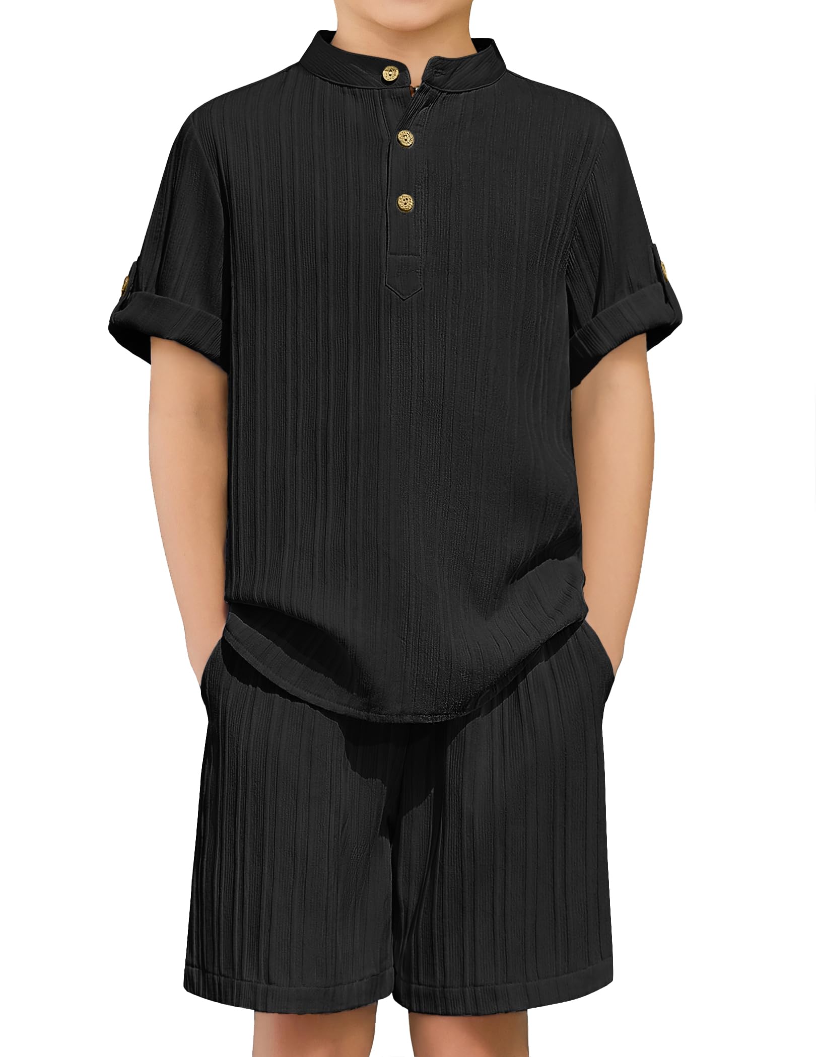 Arshiner Boys 2 Piece Summer Beach Outfits Textured Henley Shirts and Shorts Set Casual Vacation Clothes for 4-12 Years Kids