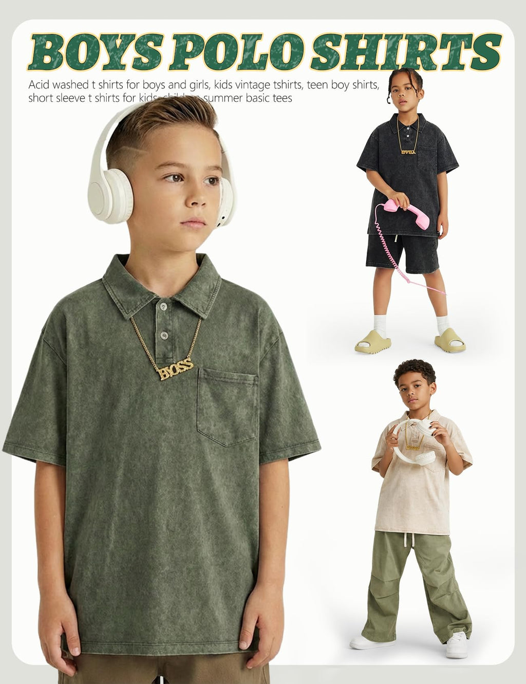 Arssm Boys Polo Shirts Kids Oversized T Shirts Cotton Acid Washed Tshirts Vintage Summer Basic Tees