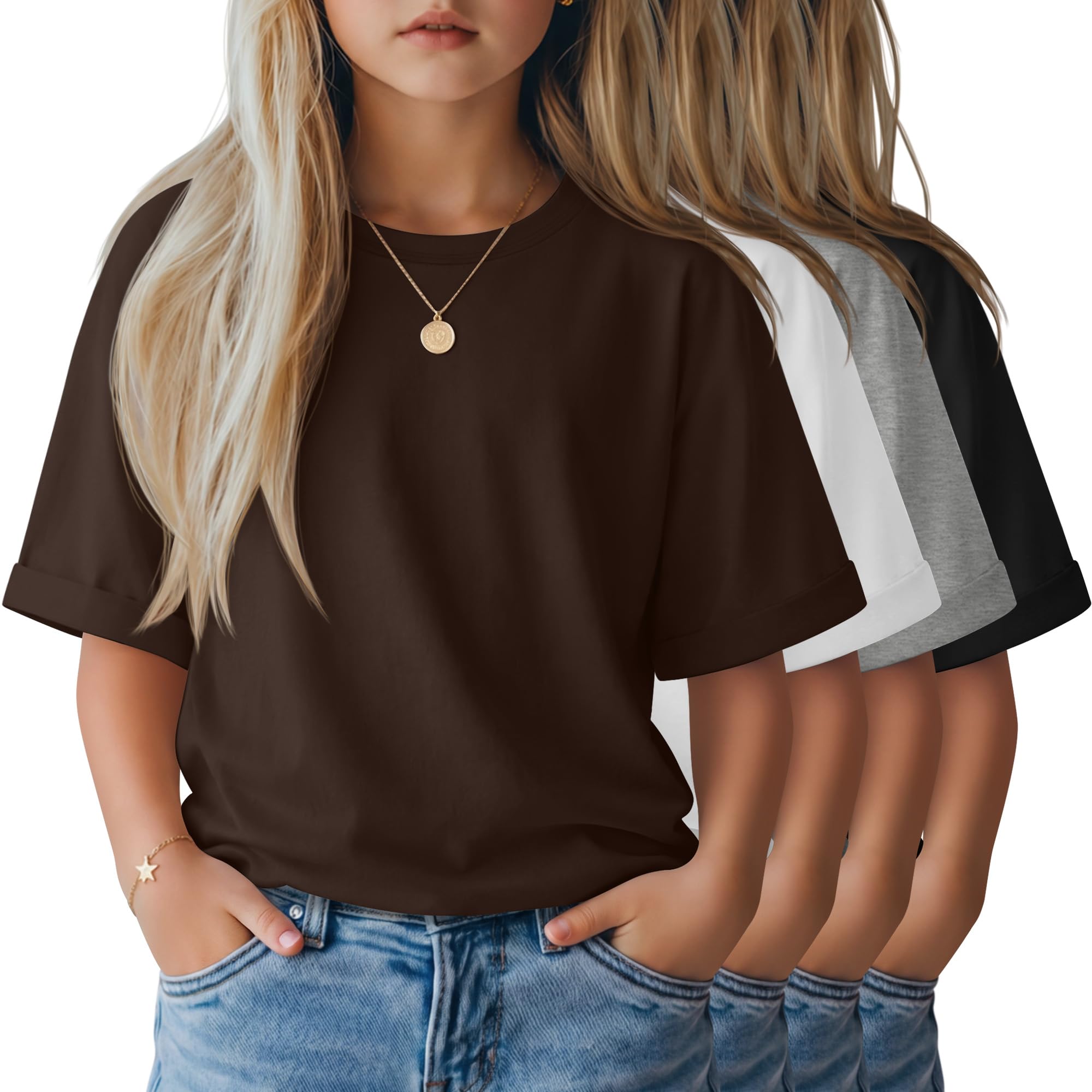 LessonZoo 4 Pack Girls' Oversized T-Shirts Rolled Short Sleeve Shirts Loose Fit Crew Neck Tops Casual Basic 5-14 Years Tees