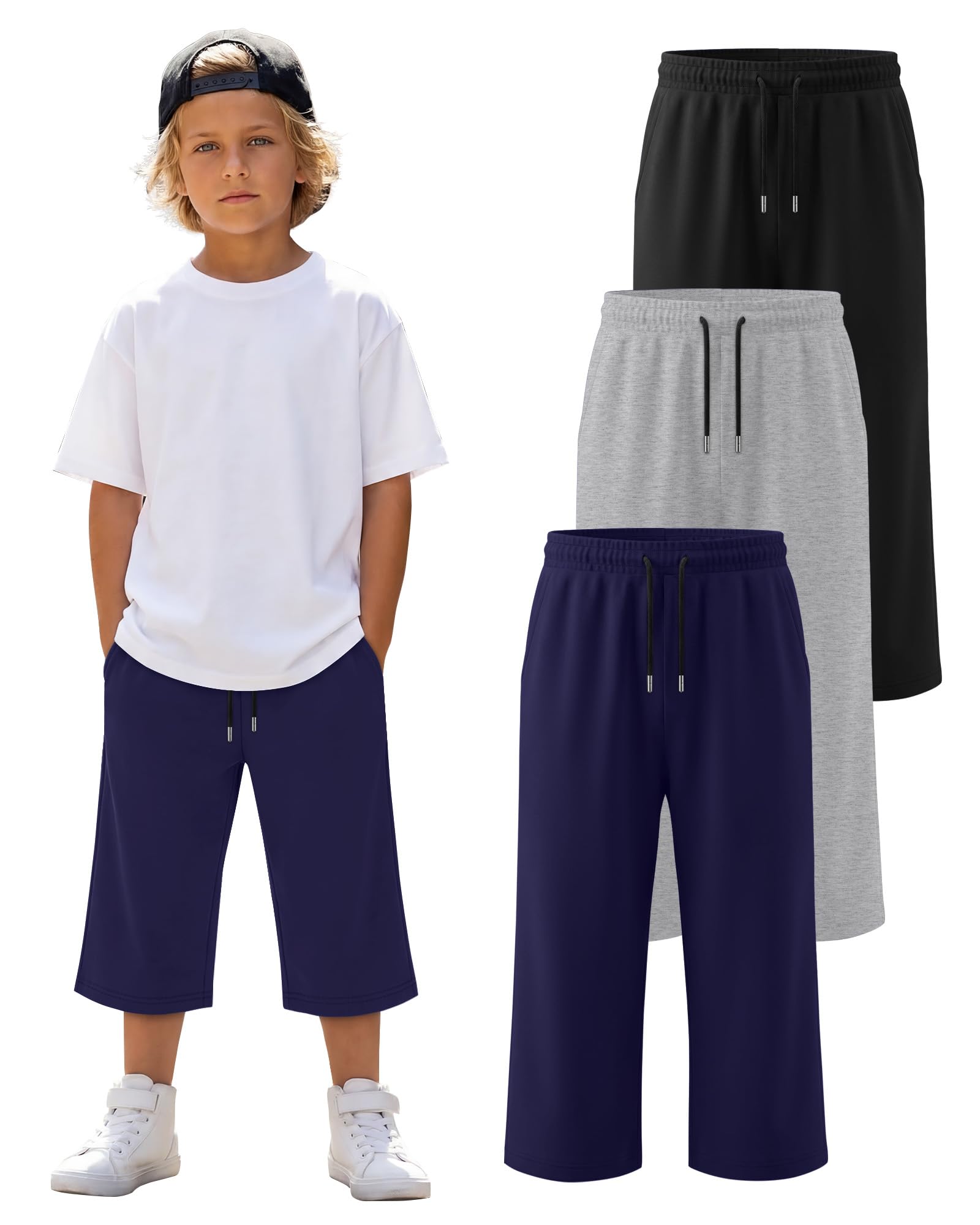 LessonZoo 3 Pack Boys Capri Pants Teen Kids Wide Leg Drawstring Joggers Below Knee Shorts 3/4 Baggy Sweatpants with Pockets