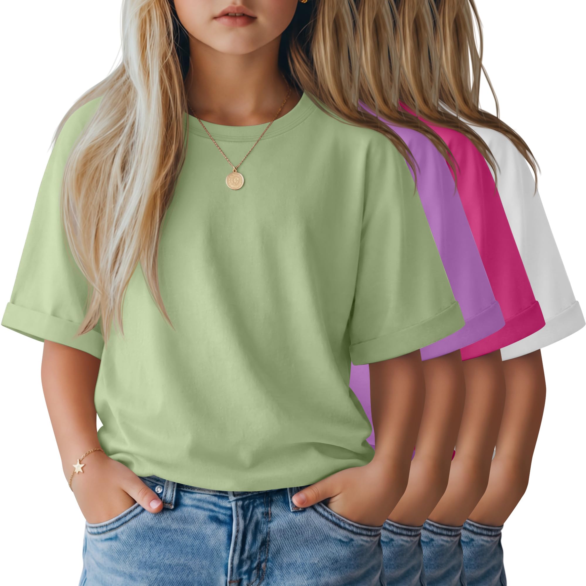 LessonZoo 4 Pack Girls' Oversized T-Shirts Rolled Short Sleeve Shirts Loose Fit Crew Neck Tops Casual Basic 5-14 Years Tees