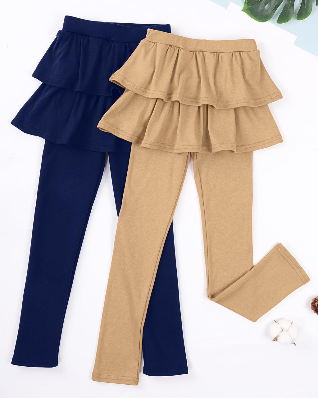 Somaibo Girls Leggings with Skirts School Uniform Athletic Stretchy Tutu Pants Kids Warm Ruffle Clothes 2-Pack
