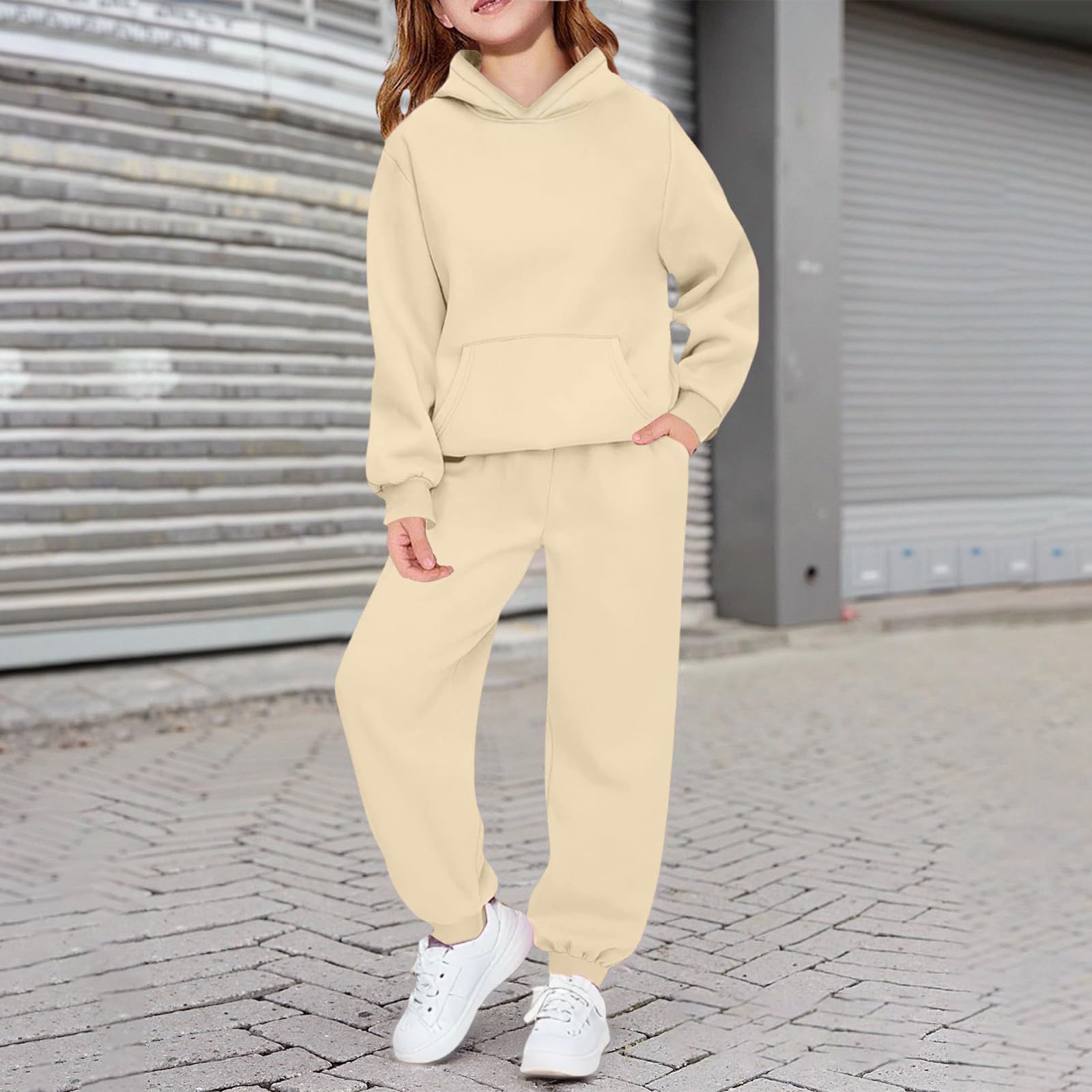 Hoodie Sweatsuit Set for Boys Girls 2 Piece Hooded Sweatshirt Jogger Sweatpants Tracksuit Kids Athletic Solid Outfits