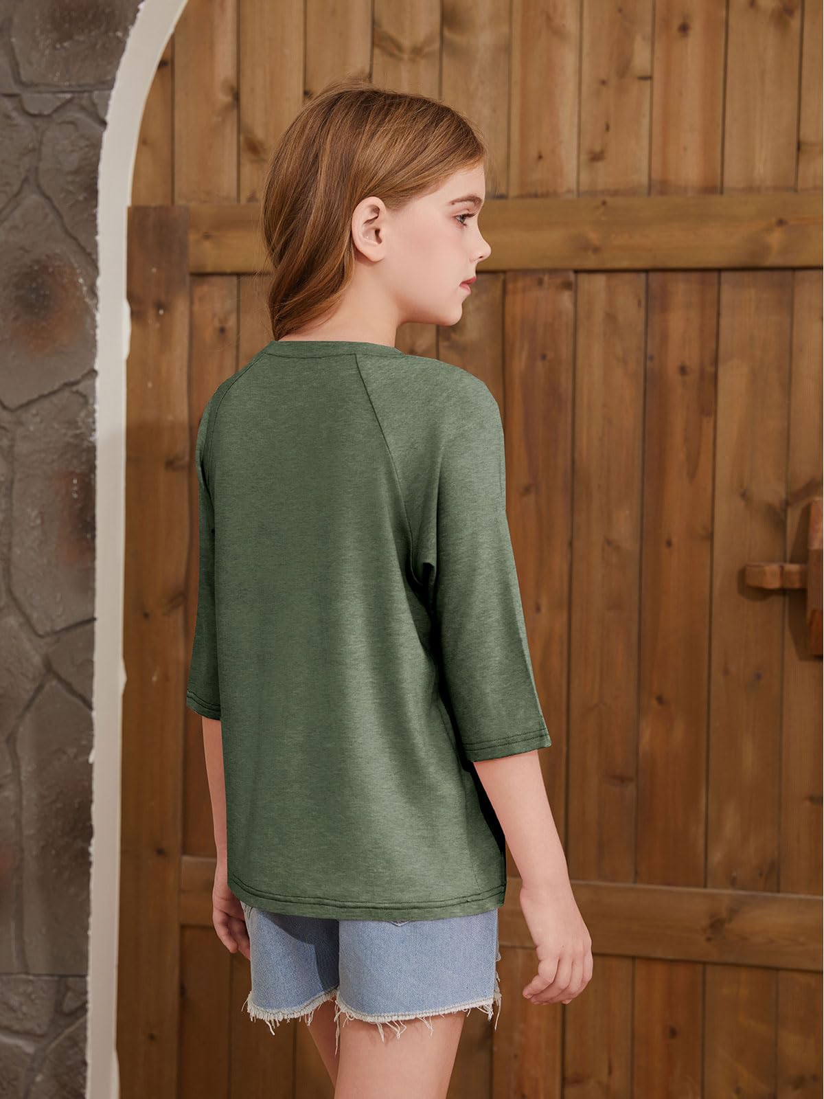 ZDC Girls Casual 3/4 Sleeve T Shirts Kids Cute Crewneck Tops Basic Tees Blouse for 5-14 Years