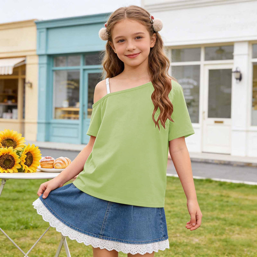 UHBYGV Girls Off The Shoulder Tops Casual Short Sleeve Loose Summer T Shirt Tops Trendy Cold Shoulder Blouses Cute Plain Tee
