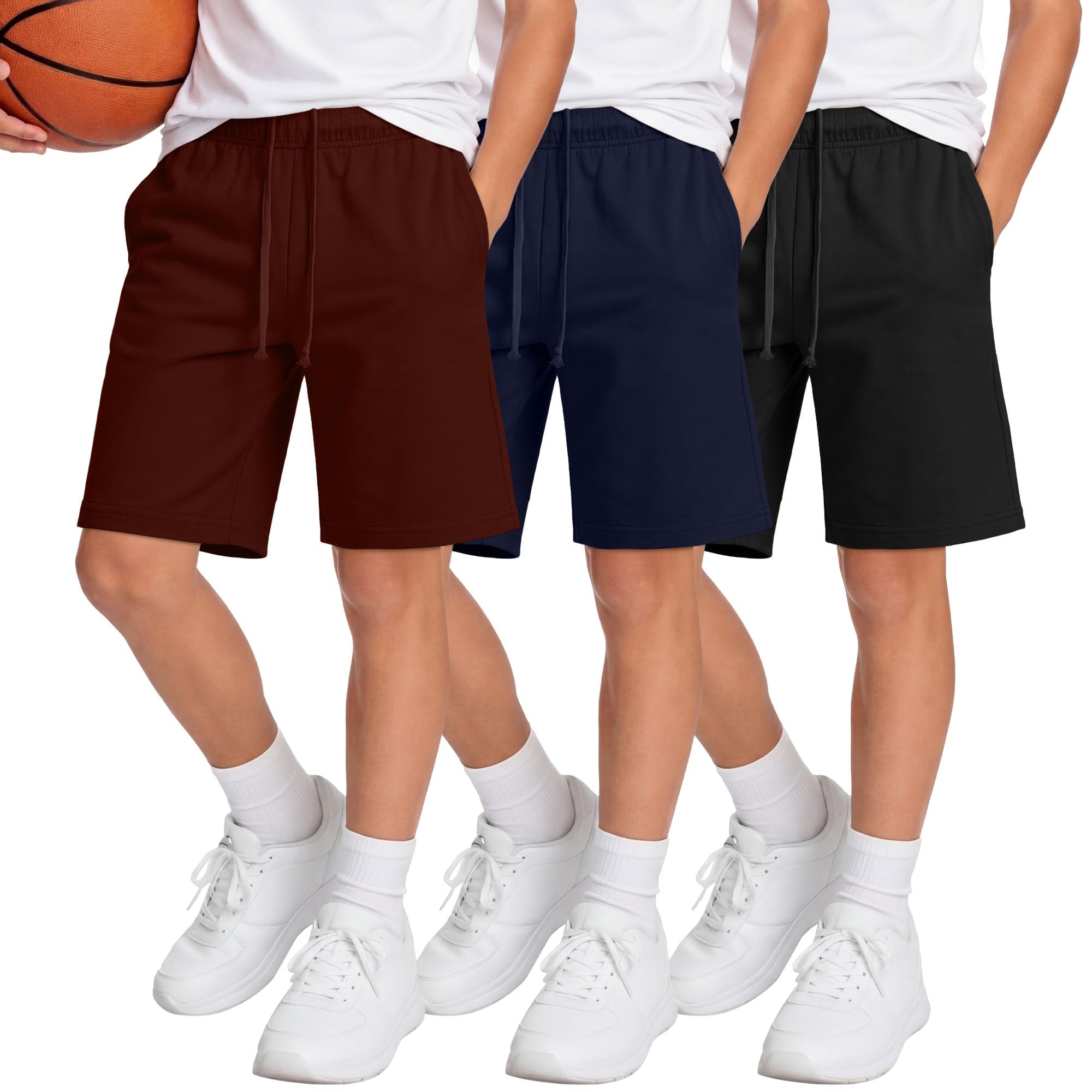 Langyiwee 3 Pack Boys Shorts Kids Baggy Athletic Sweat Shorts with Pockets Elastic Waist Summer Casual Joggers, 6-16 Years