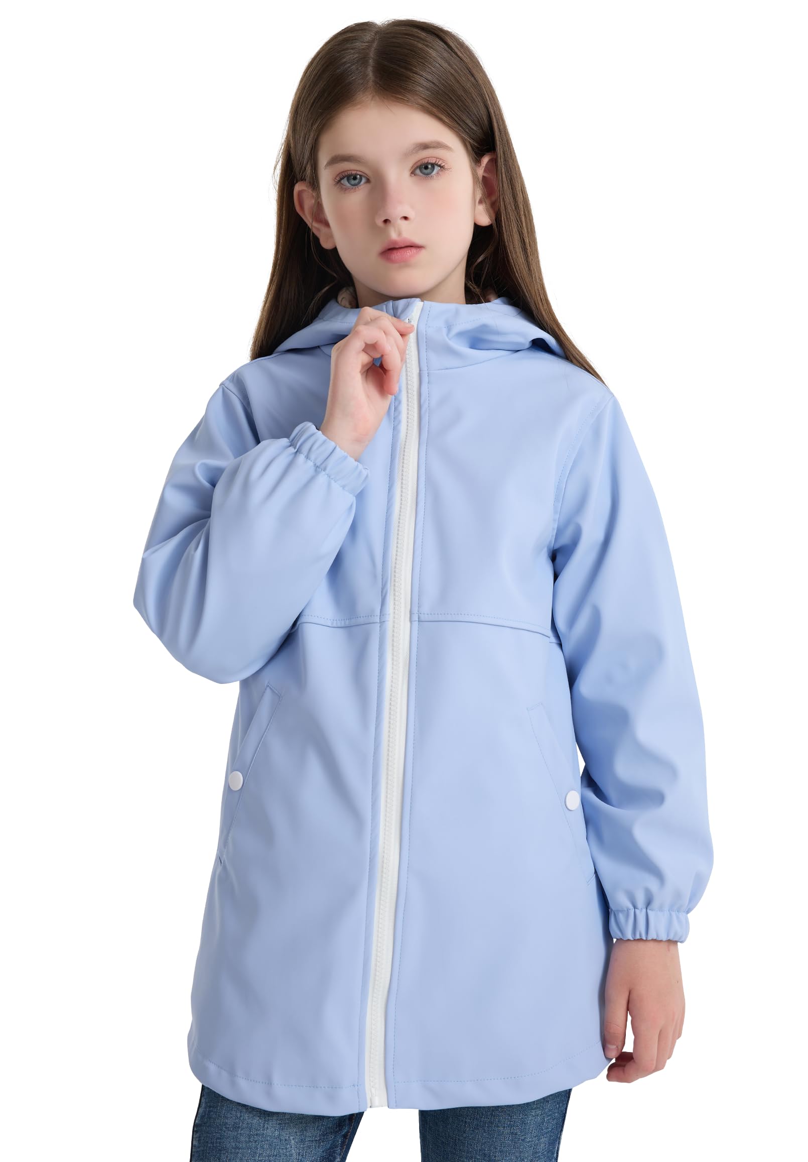 SOLOCOTE Kids Rain Jacket Hooded Lined Rubber RainCoats for Girls Boys Waterproof Windproof Size 5-14Y