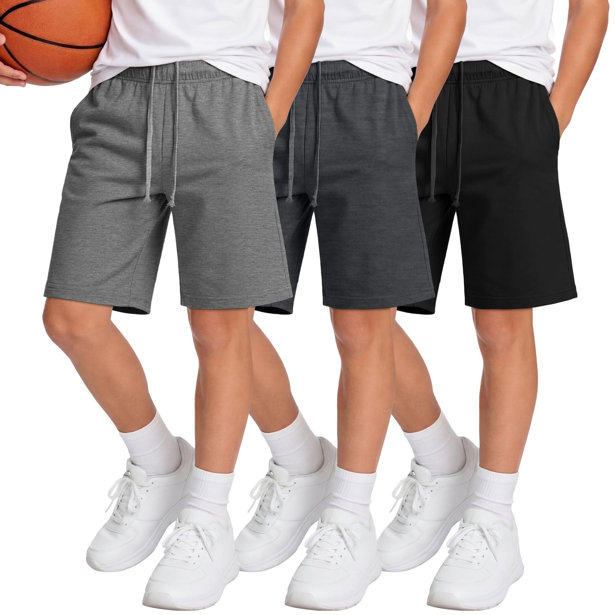 Langyiwee 3 Pack Boys Shorts Kids Baggy Athletic Sweat Shorts with Pockets Elastic Waist Summer Casual Joggers, 6-16 Years