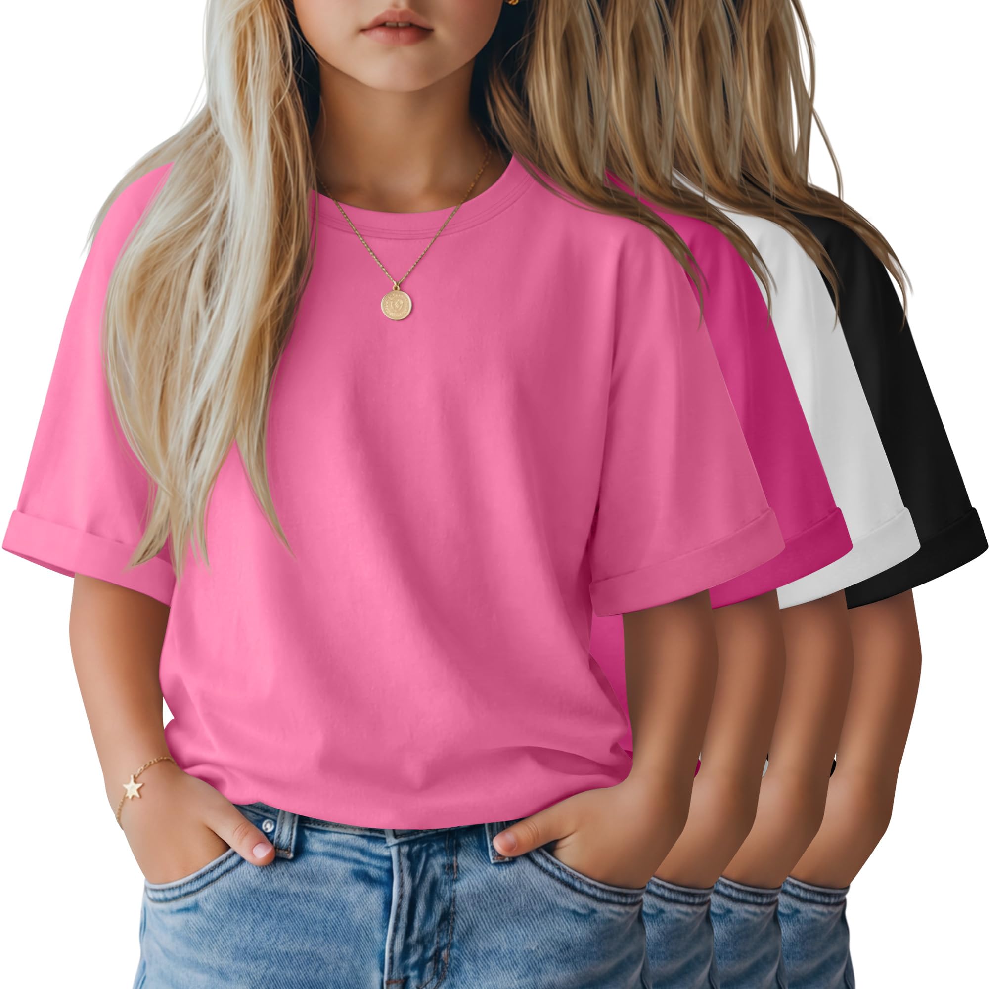 LessonZoo 4 Pack Girls' Oversized T-Shirts Rolled Short Sleeve Shirts Loose Fit Crew Neck Tops Casual Basic 5-14 Years Tees