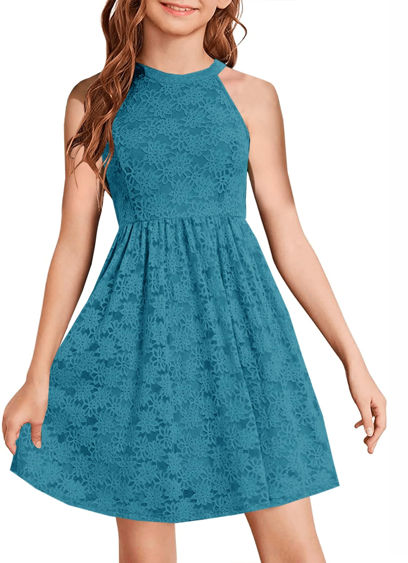 HOSIKA Girls Halter Neck Sleeveless Elegant Floral Lace A-line Flared Swing Party Dress for 6-12 Years Kid