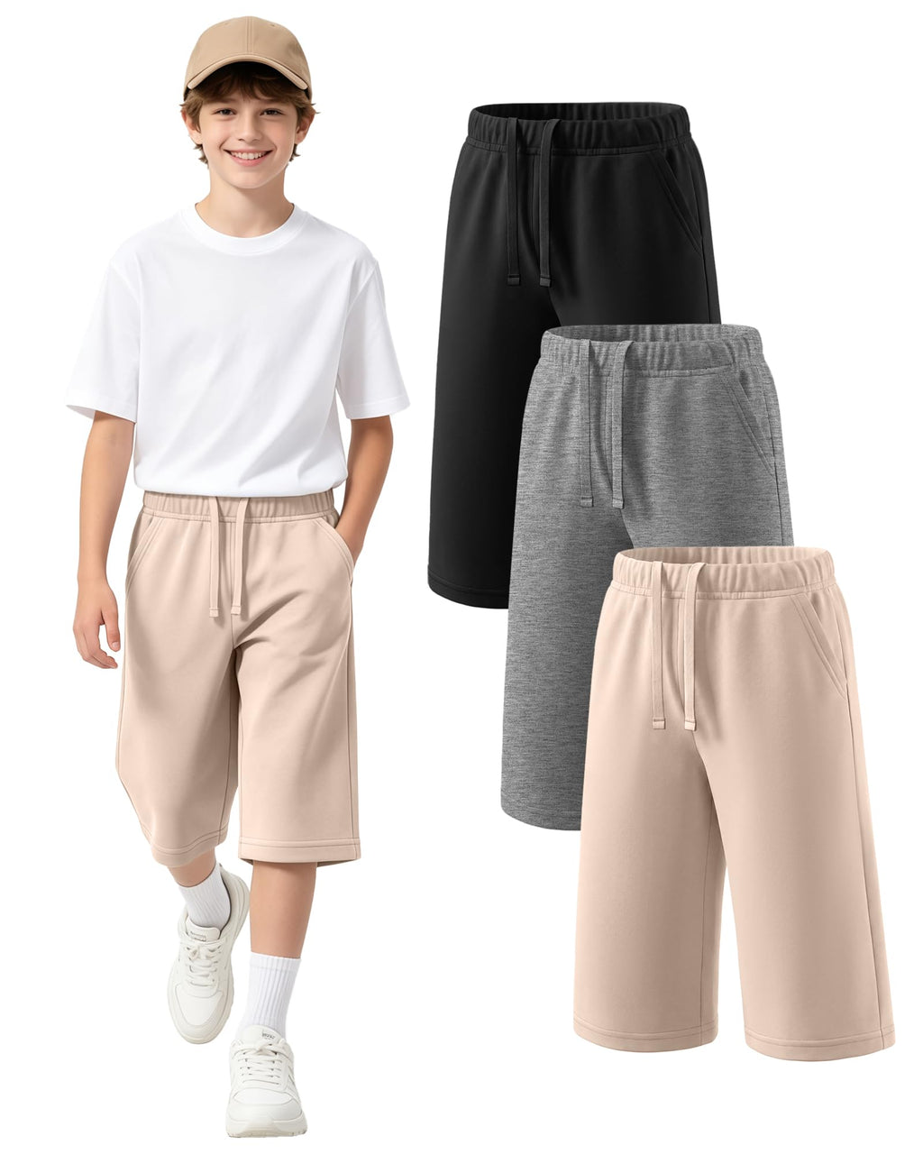 Langyiwee 3 Pack Boy's Long Shorts Wide Leg Athletic Lightweight Capri Pants with Pockets for 6-16 Years