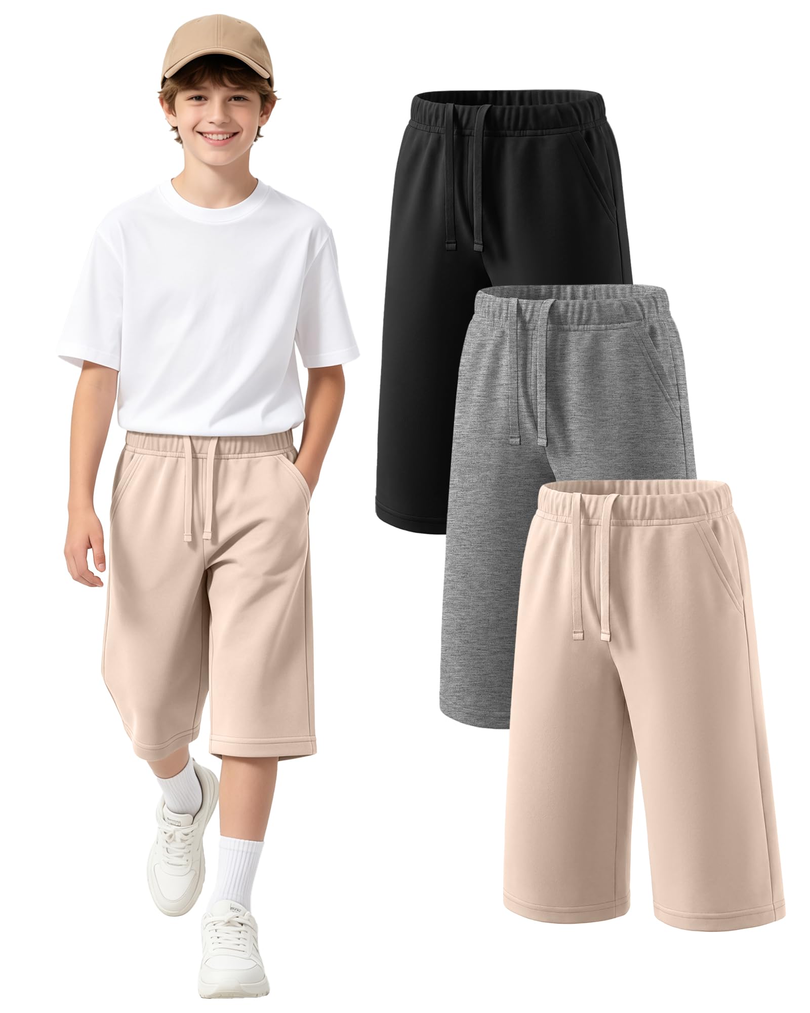 Langyiwee 3 Pack Boy's Long Shorts Wide Leg Athletic Lightweight Capri Pants with Pockets for 6-16 Years