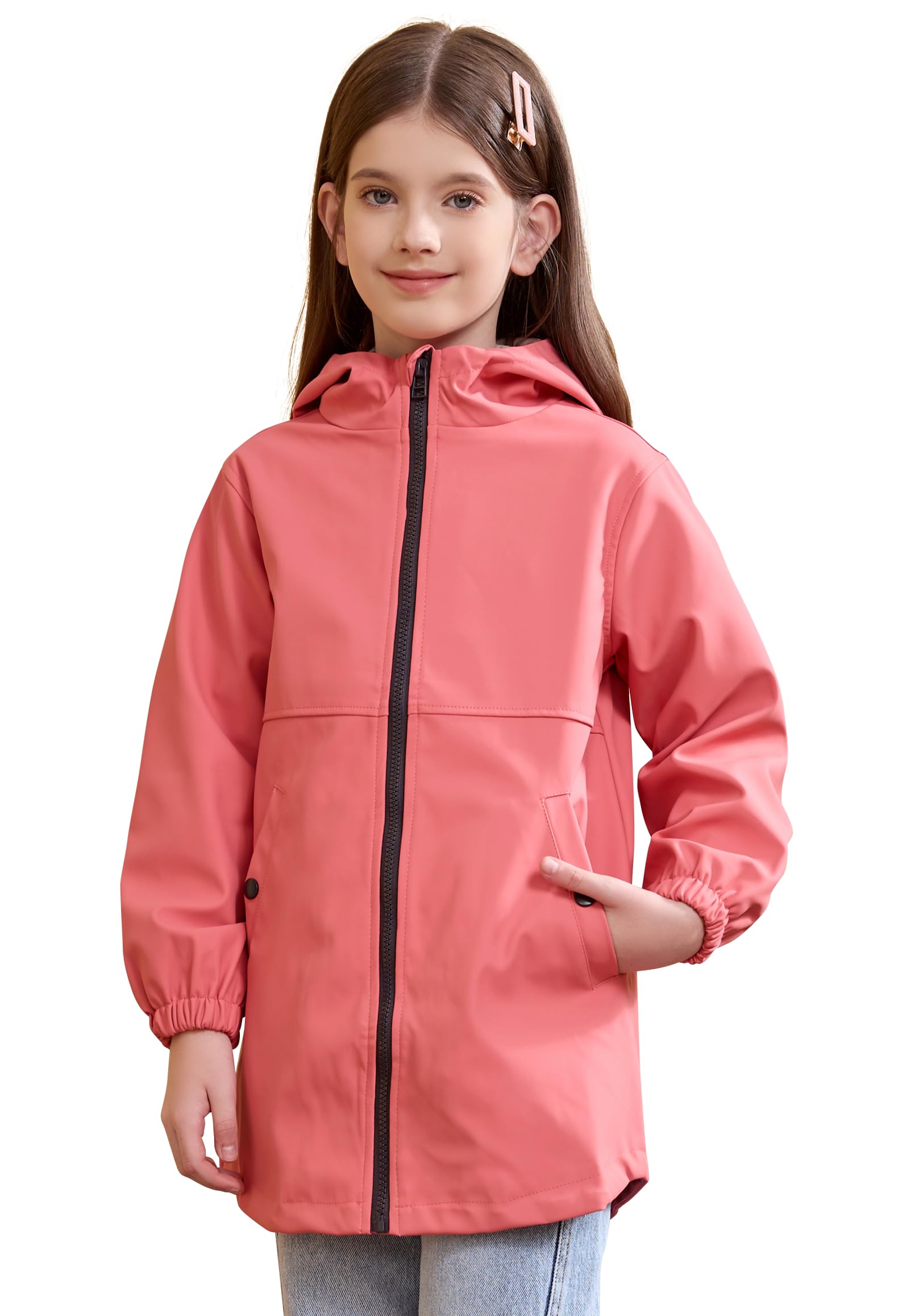 SOLOCOTE Kids Rain Jacket Hooded Lined Rubber RainCoats for Girls Boys Waterproof Windproof Size 5-14Y