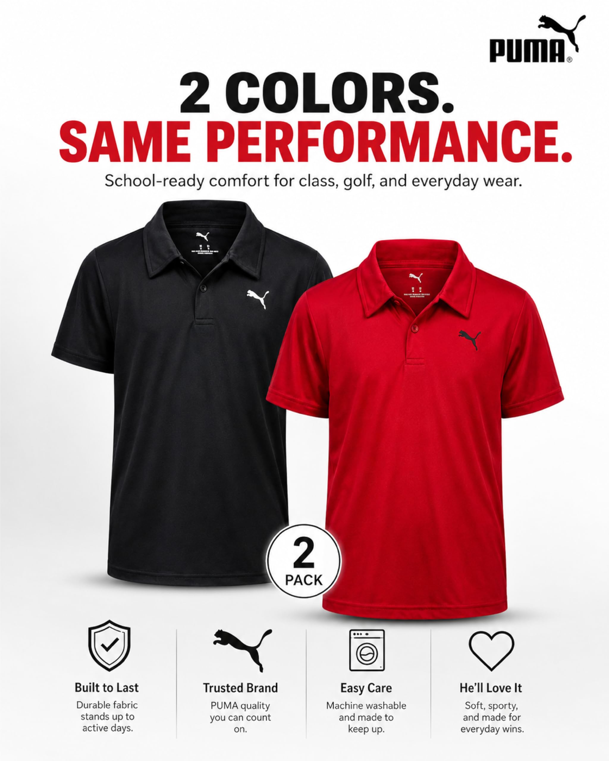 PUMA Boys Polo Shirt - 2 Pack Athletic Performance Short Sleeve Boys Golf Shirts - Cool Casual Collared Shirts